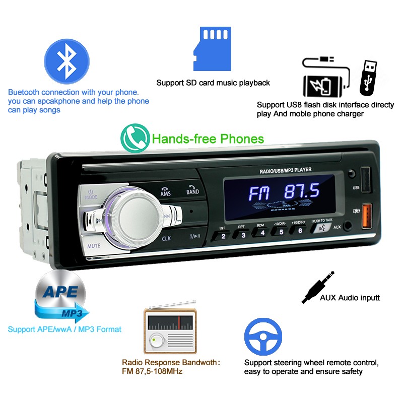 Car Stereo Bluetooth MP3 Player Single Din Dual USB SD FM Radio 60W x 4