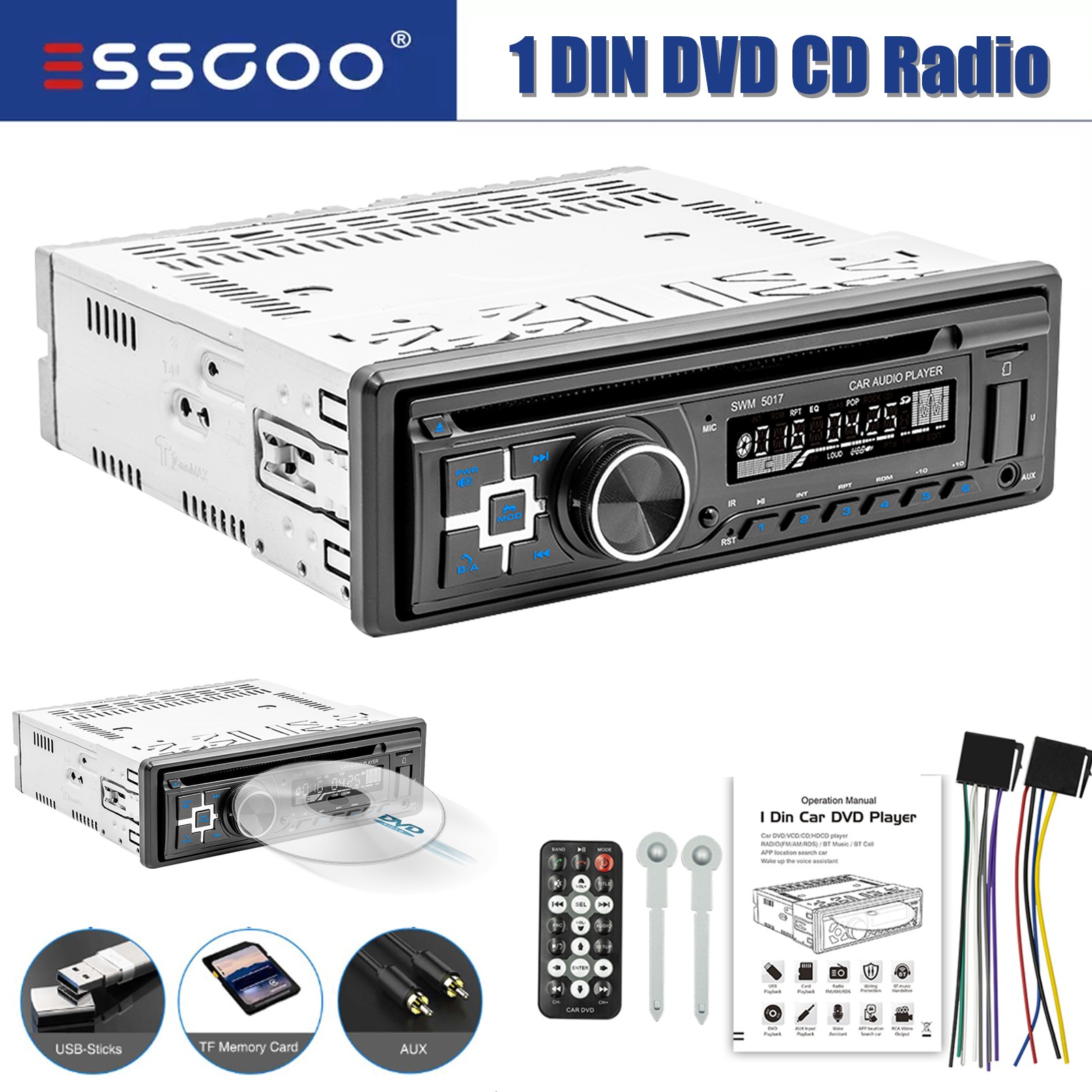 Single DIN Car Stereo CD DVD Player Bluetooth FM Radio USB SD AUX Audio Receiver