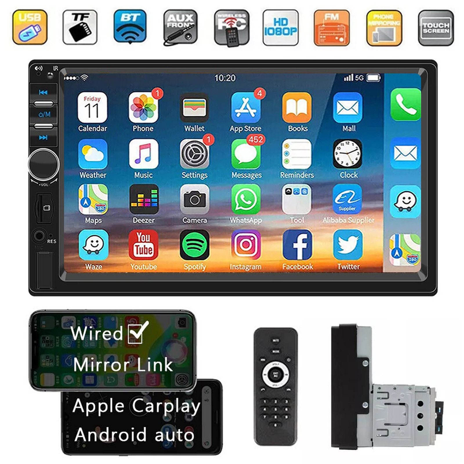 7″ Single 1Din Car Stereo Radio for Apple/Android CarPlay BT Player Touch Screen