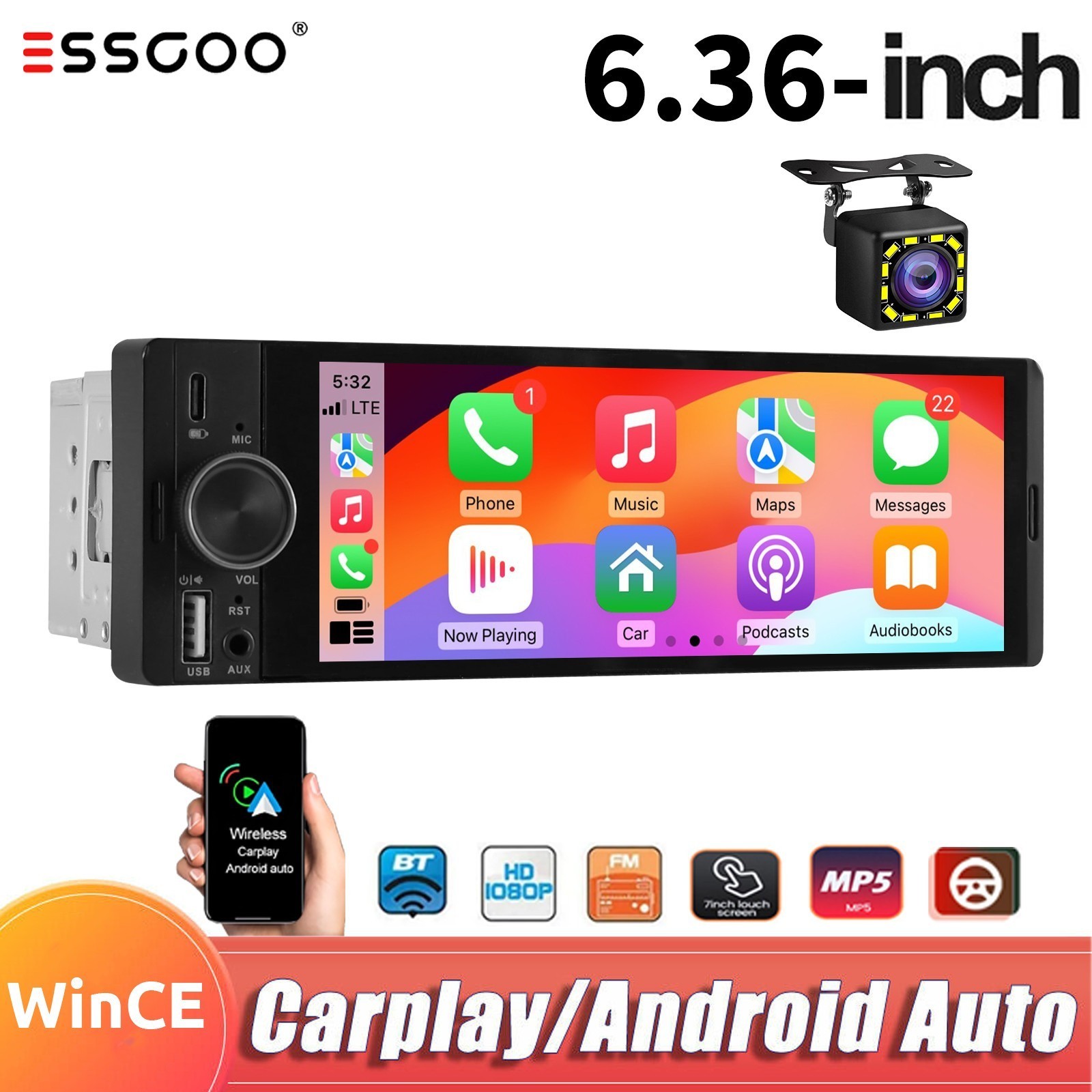 Single DIN 6.36″ Android Auto Car Radio Stereo CarPlay Touch Screen Player +Cam