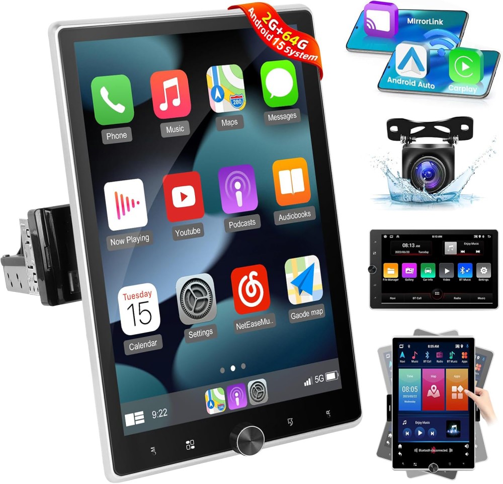 10.4” Android 15.0 Single 1 Din Carplay Rotatable Car Stereo Radio GPS + Camera