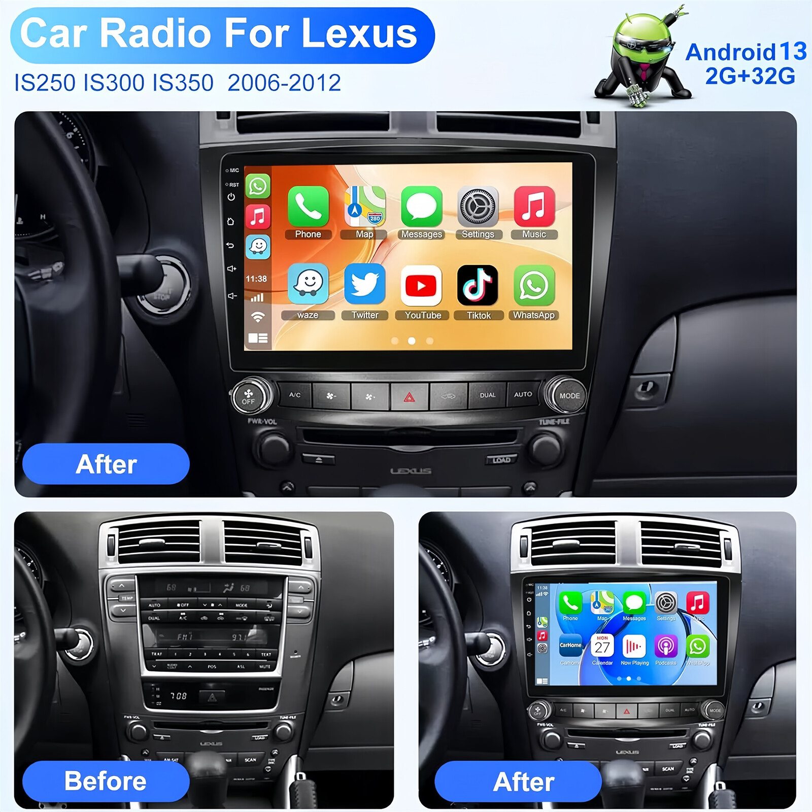 For Lexus IS250 IS350 2006-2012 Android 13 Apple CarPlay Car Stereo Radio GPS BT