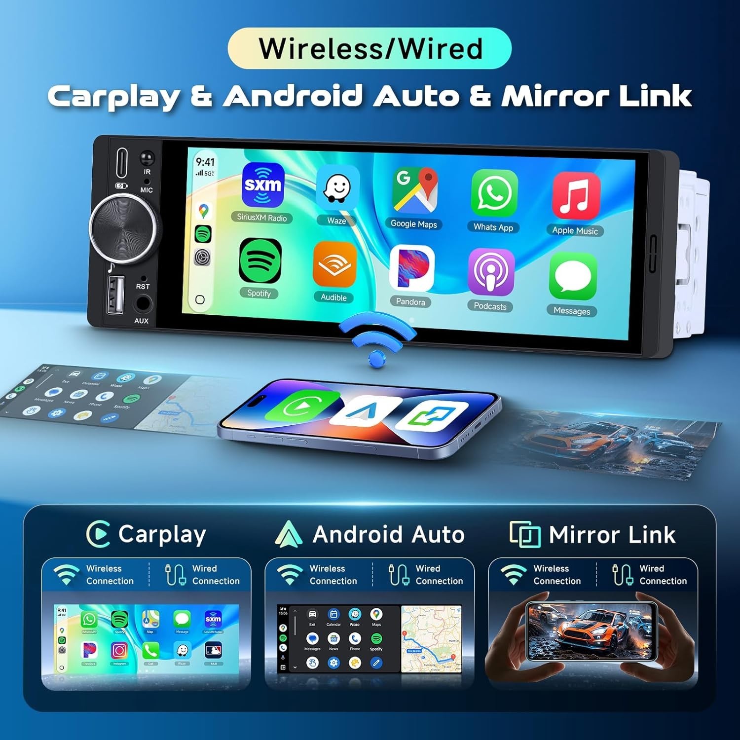 Single DIN Wireless Car Stereo with Wireless CarPlay & Android Auto, 6.9” in-…
