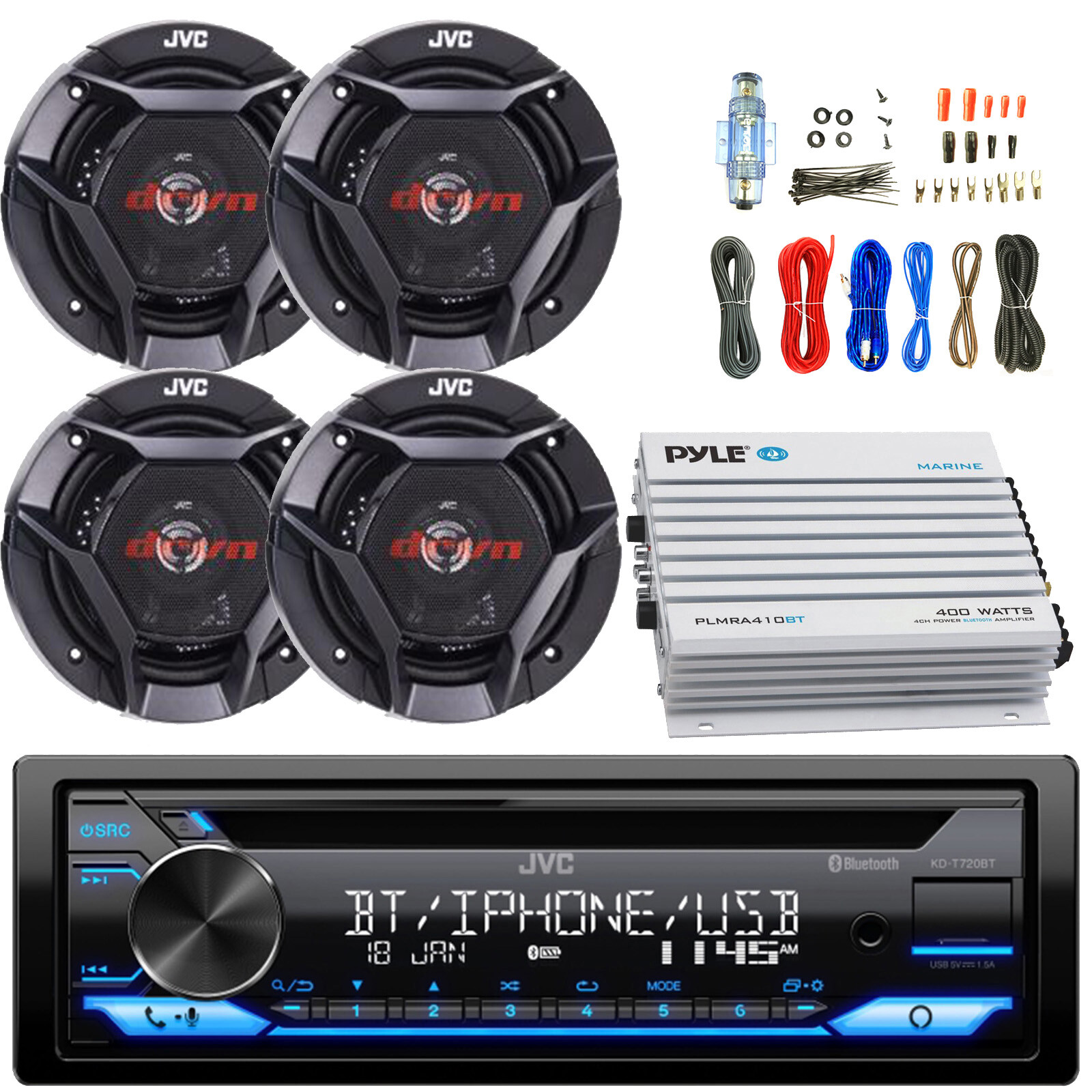 JVC KD-T720BT Bluetooth CD Stereo Receiver, 4x JVC 6.5″ 300W Speakers, Amp W/Kit