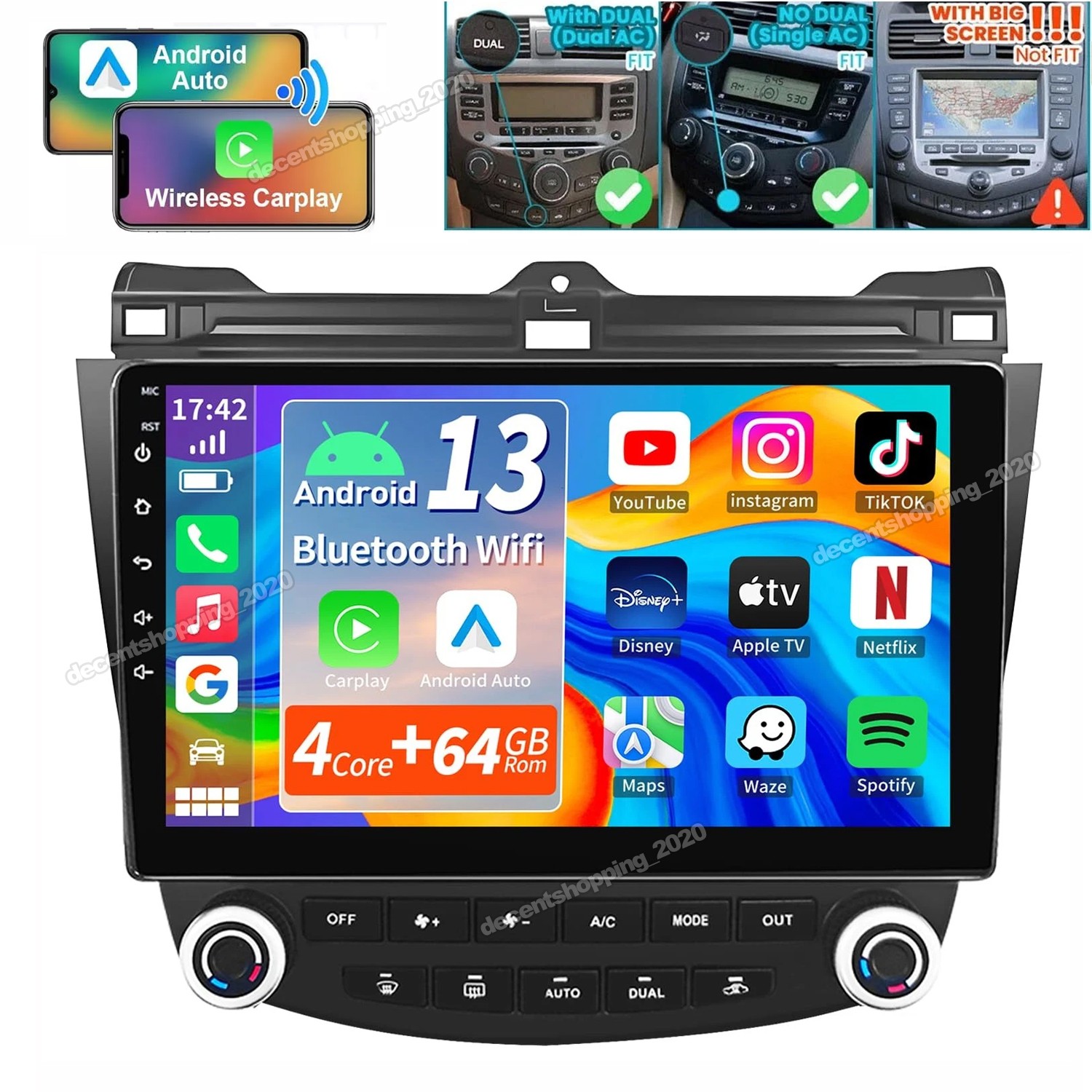 Carplay For Honda Accord 2003-07 10″ Android 15 Stereo Car Radio GPS Headunit FM