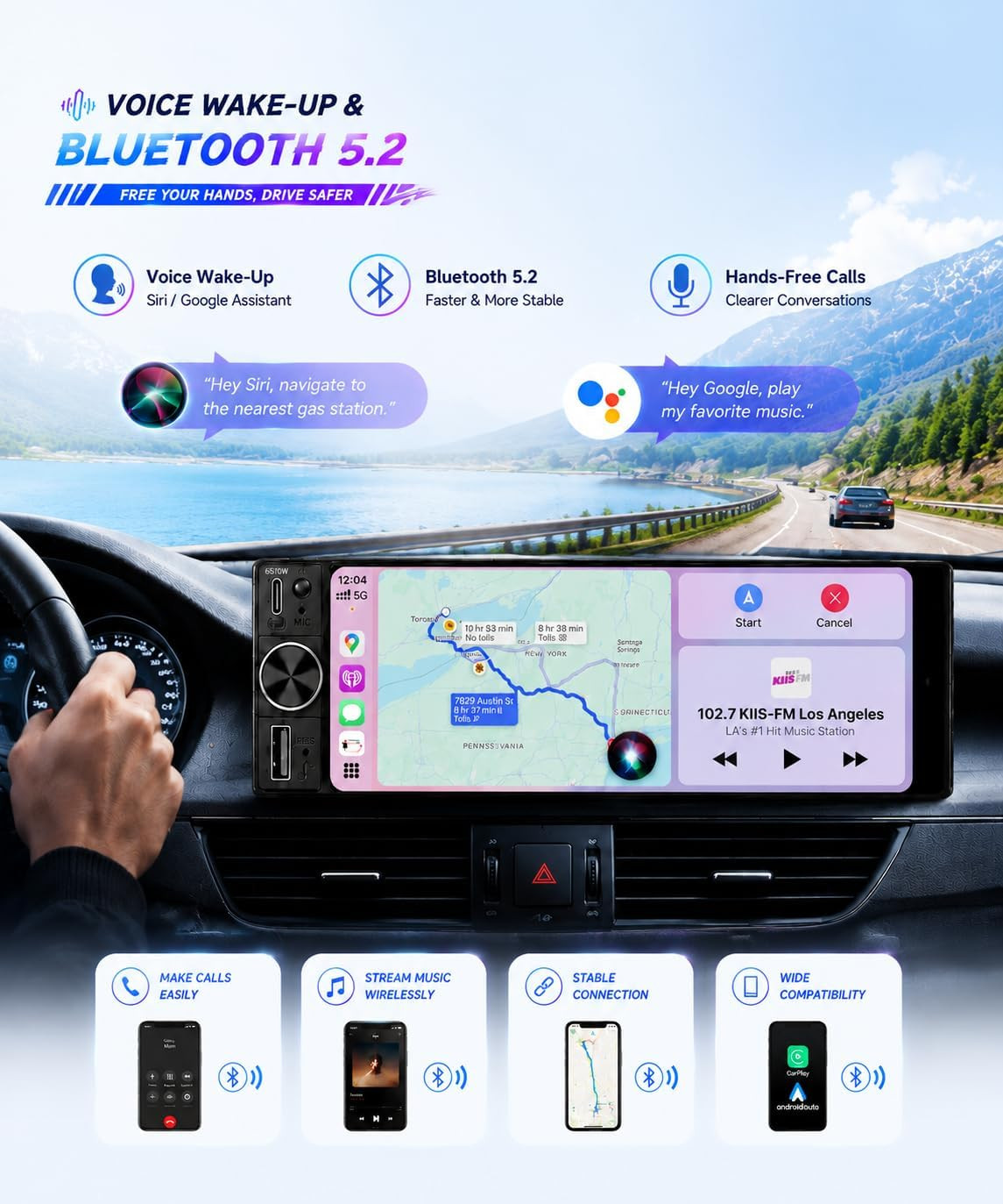 6.5″ Wireless Single Din Car Stereo with Apple Carplay, 720X1280 HD In-Cell Touc