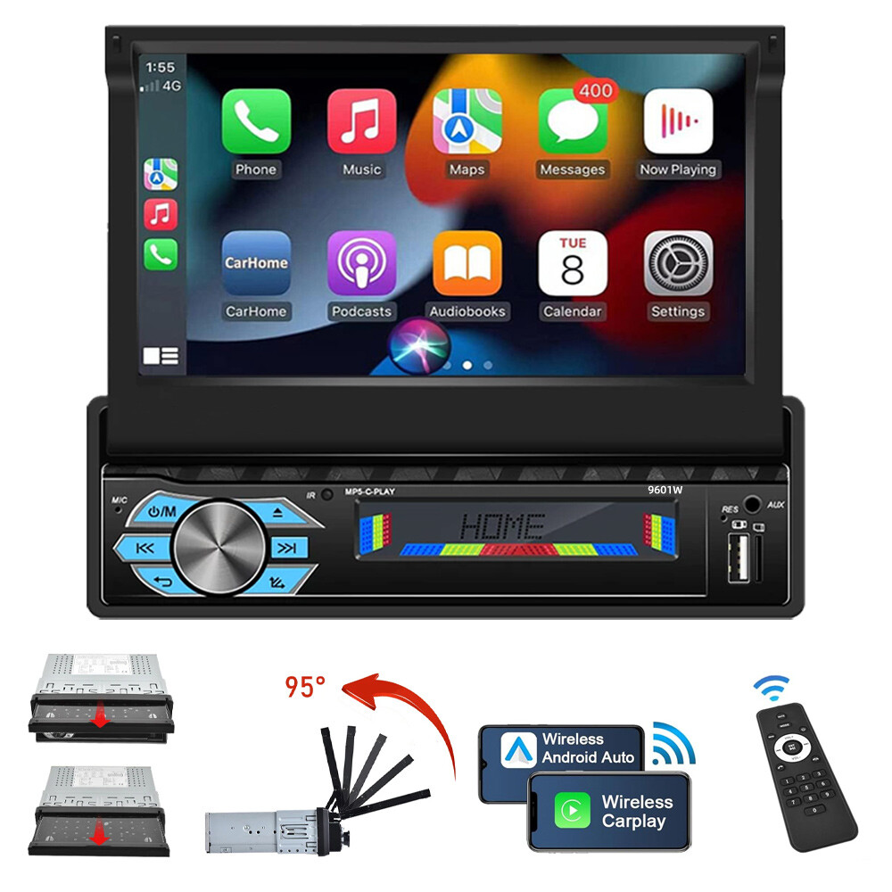 Single 1 Din 7″ Wireless Carplay Touch Screen Car Stereo Radio Telescopic Screen