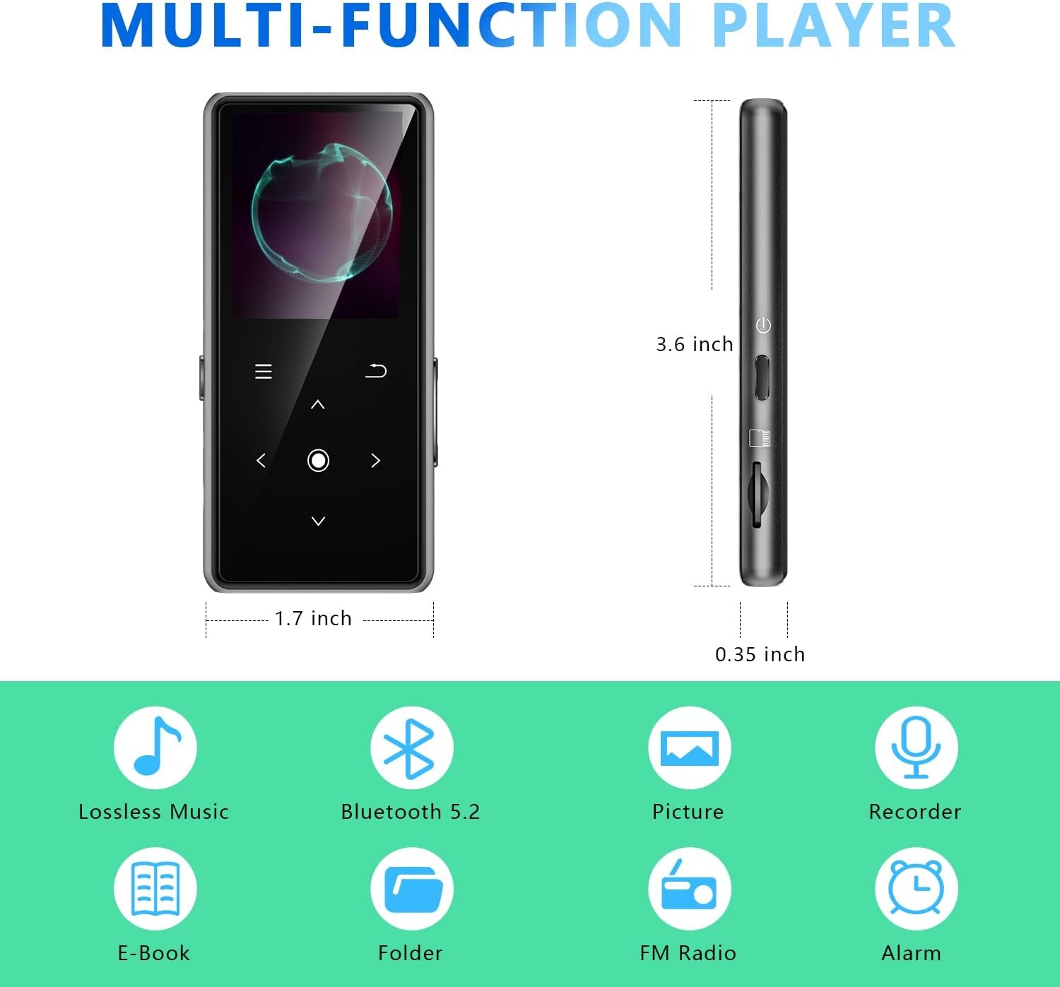 64GB MP3 Player with Bluetooth 5.2, AiMoonsa Music Player with Built-in HD Speak