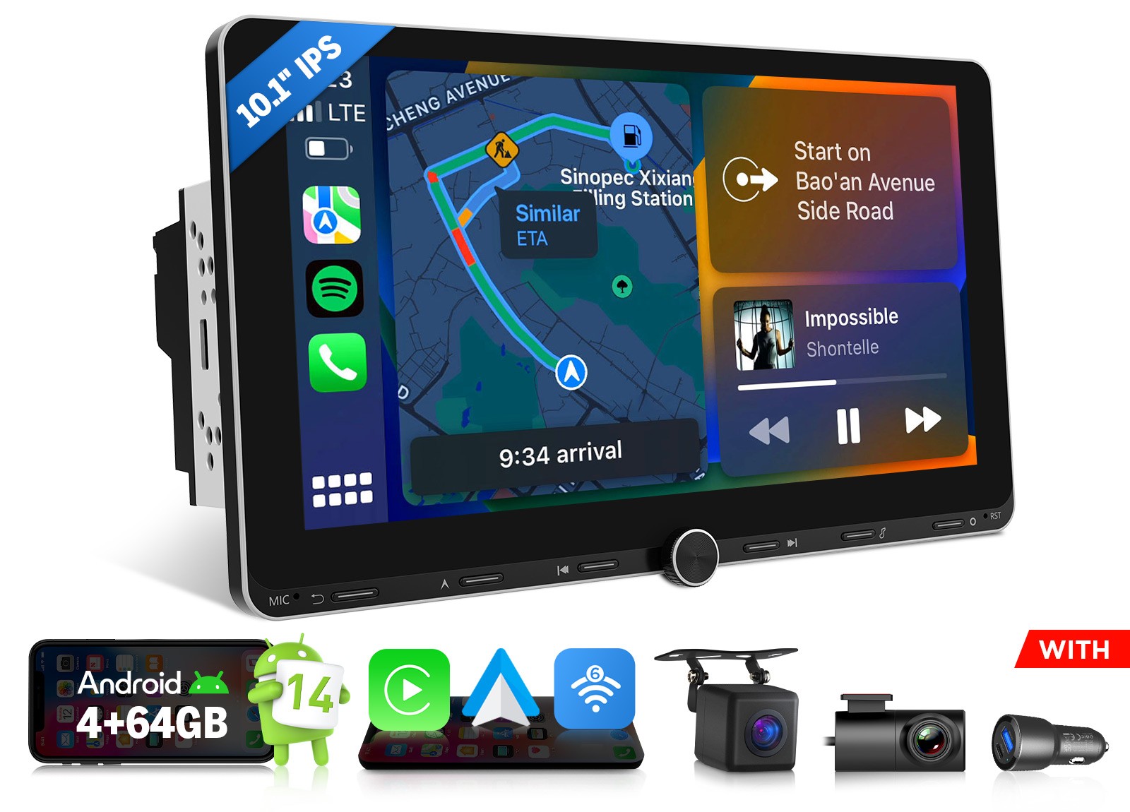 Bluetooth Android Auto 10.1″ IPS Double DIN Car Stereo HeadUnit Wireless CarPlay