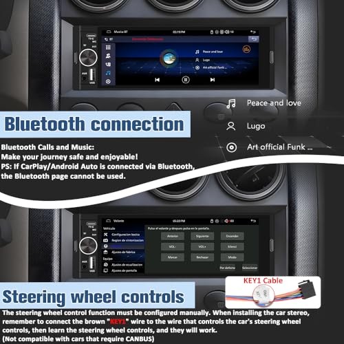 Universal Single Din Car Stereo with Wireless CarPlay & Android Auto, 6.36 inch