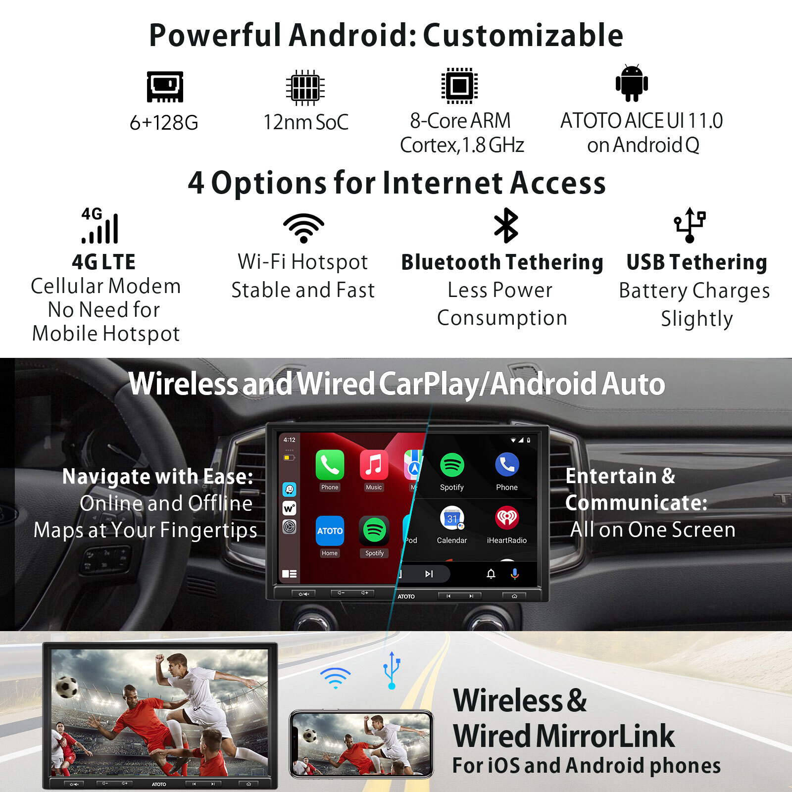 ATOTO 10in Single Din Android Car Stereo 6+128G Wireless Carplay Android Auto 4G