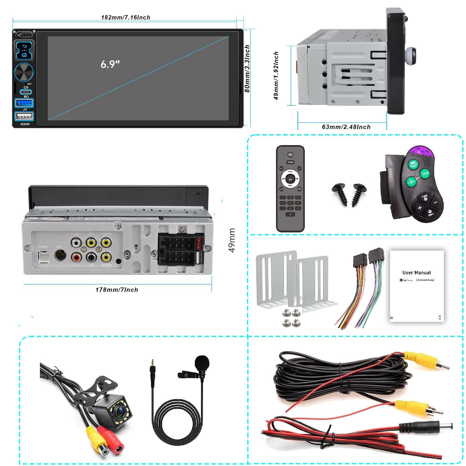 Single DIN Car Stereo Radio with Wireless 7.01″ (W) × 2.91″ (D) × 1.97″ (H)