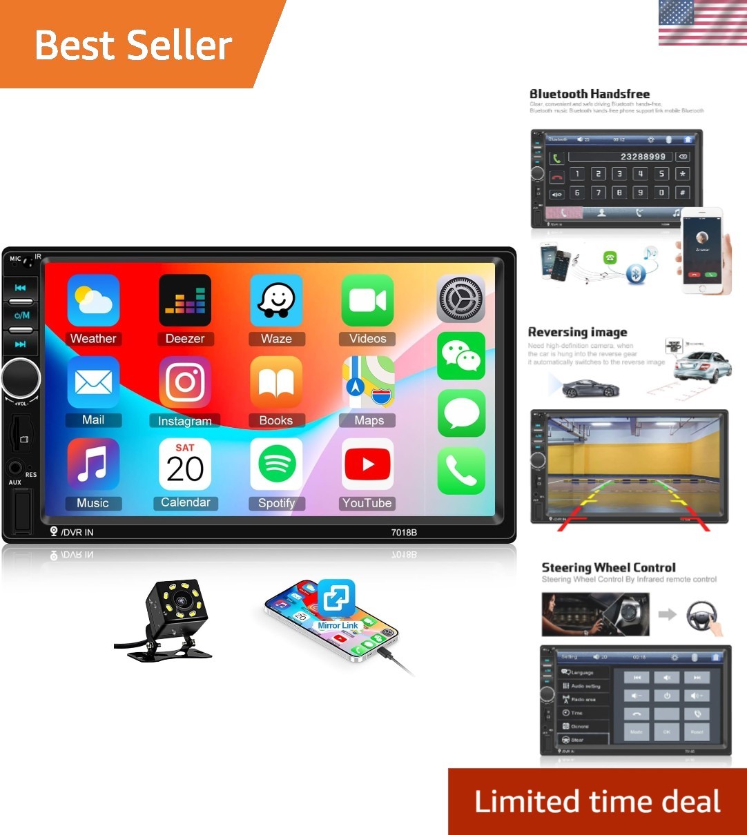 7″ Touchscreen Double Din Car Stereo with Bluetooth, DVR & Rear View Camera