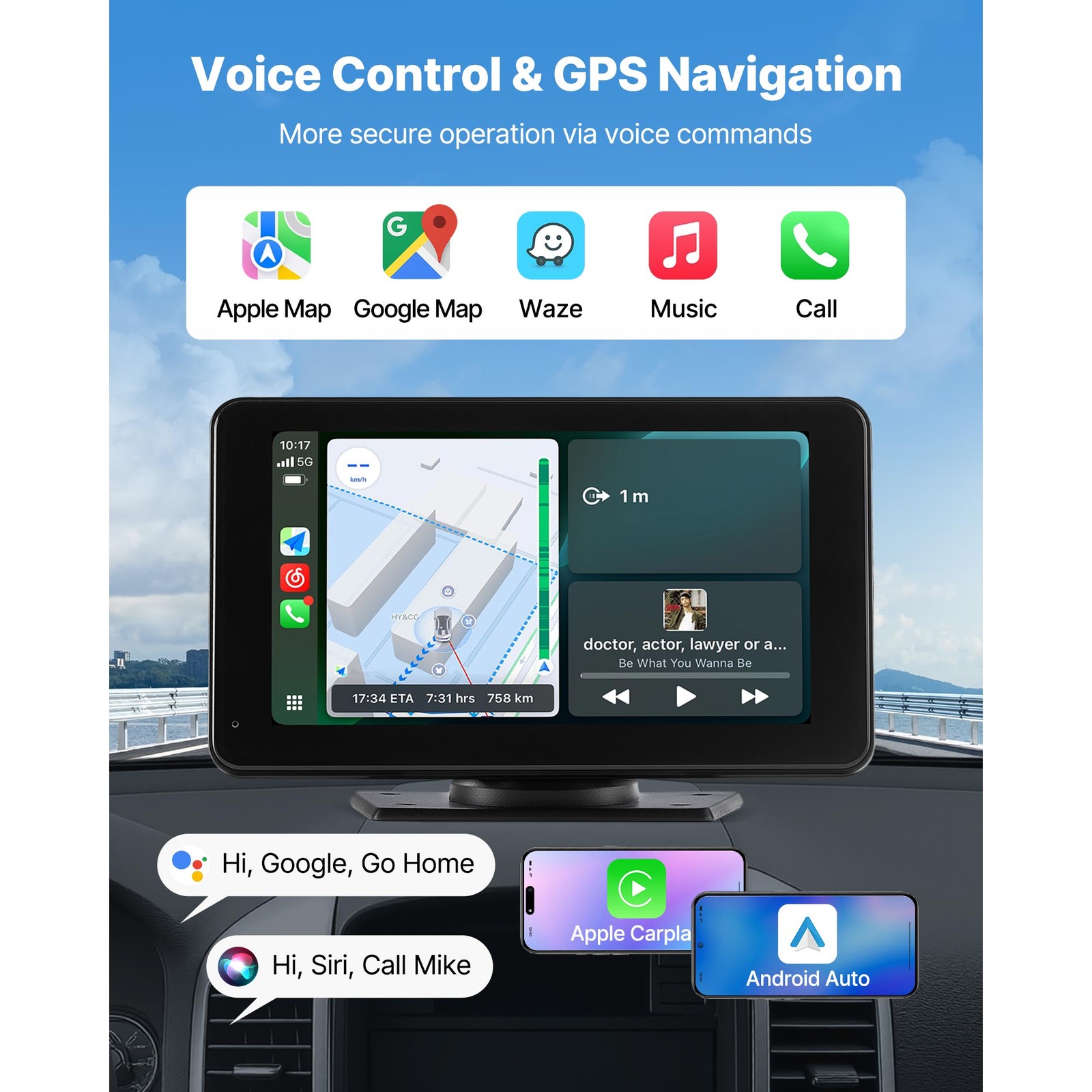 Portable 7″ Car Radio Stereo Touch Screen Apple Android CarPlay Bluetooth GPS