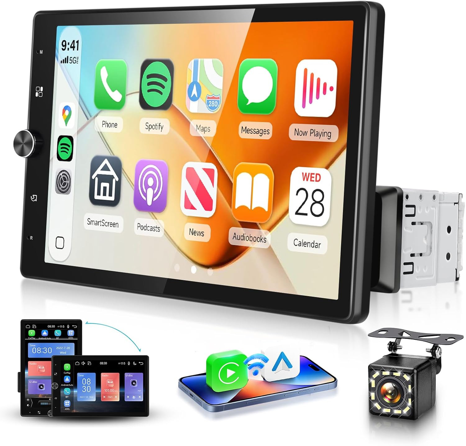 10.4” Single Din Car Stereo with Wireless Carplay Android Auto, HD Rotation Tou