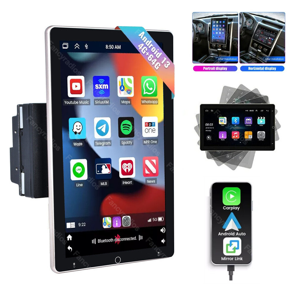 4++64G Double 2Din Rotatable 10.1” Android 13 Carplay Car Stereo GPS Navi Radio
