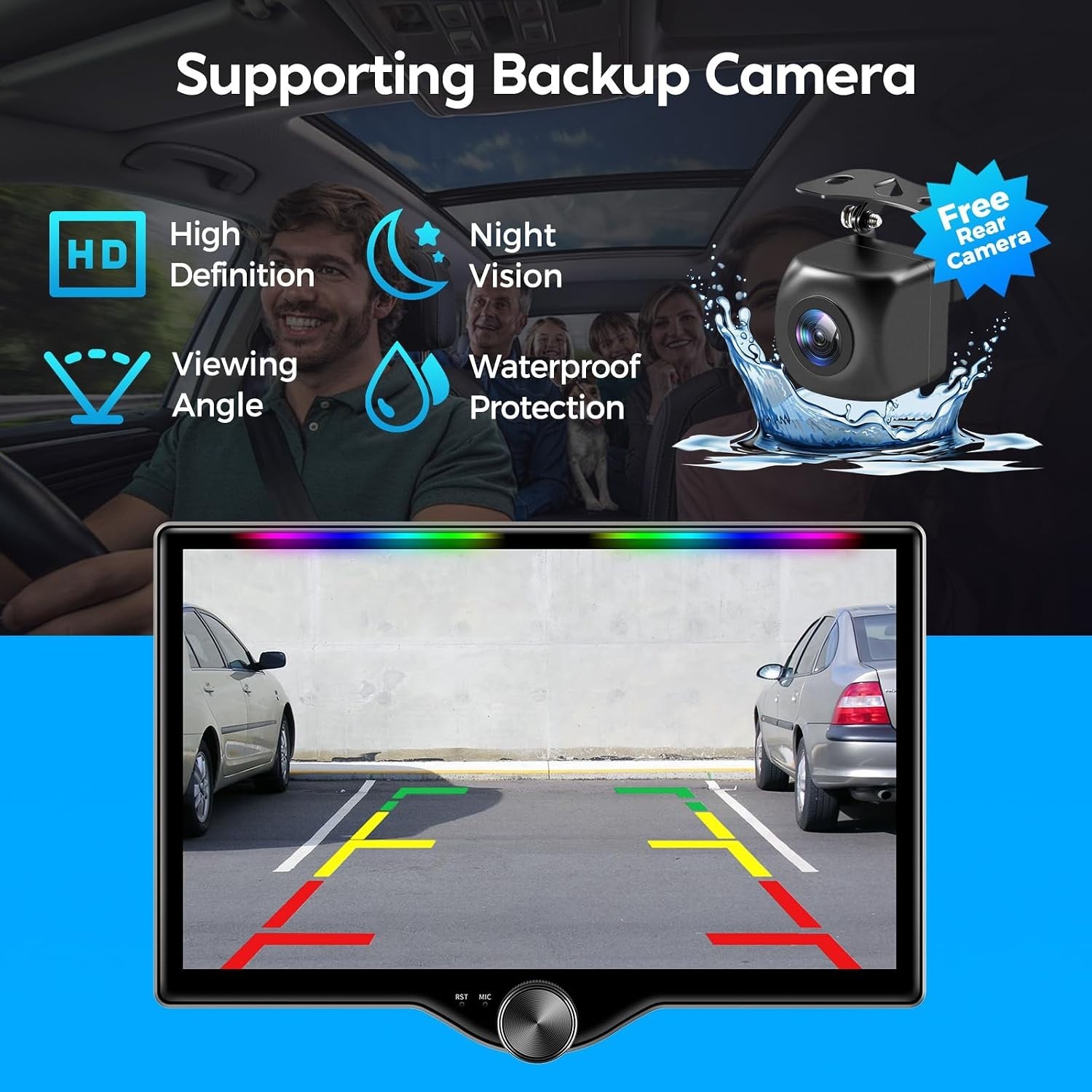 10.1-Inch Double Din Car Stereo with Music Sync Light & Steering Wheel Control
