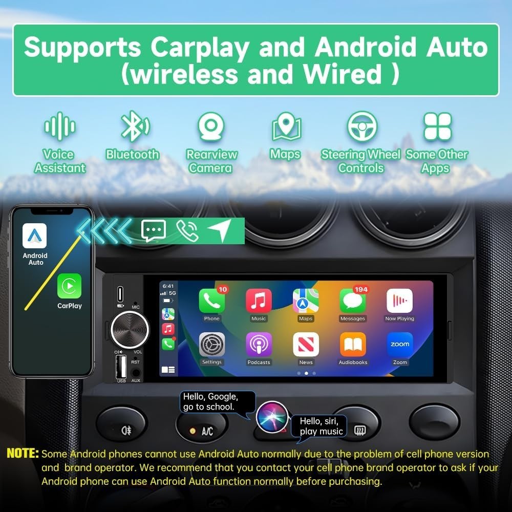Single Din Car Stereo, 6.36 Inch CarPlay & Android Auto HD IPS Touchscreen Ra…