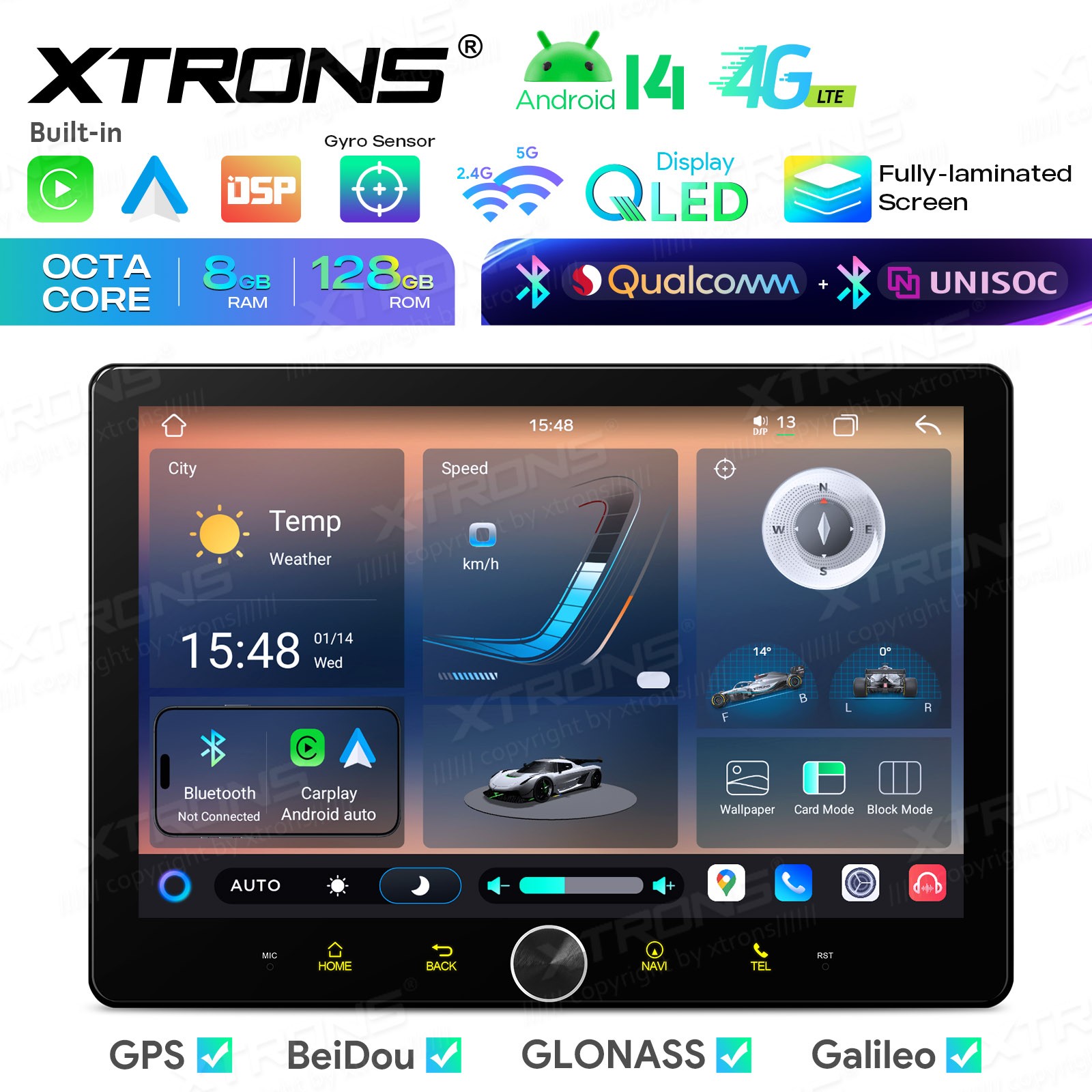 10.1″ AKM DSP Android 14 Radio For Universal 2 Din 8GB 128GB QLED GPS Navigation