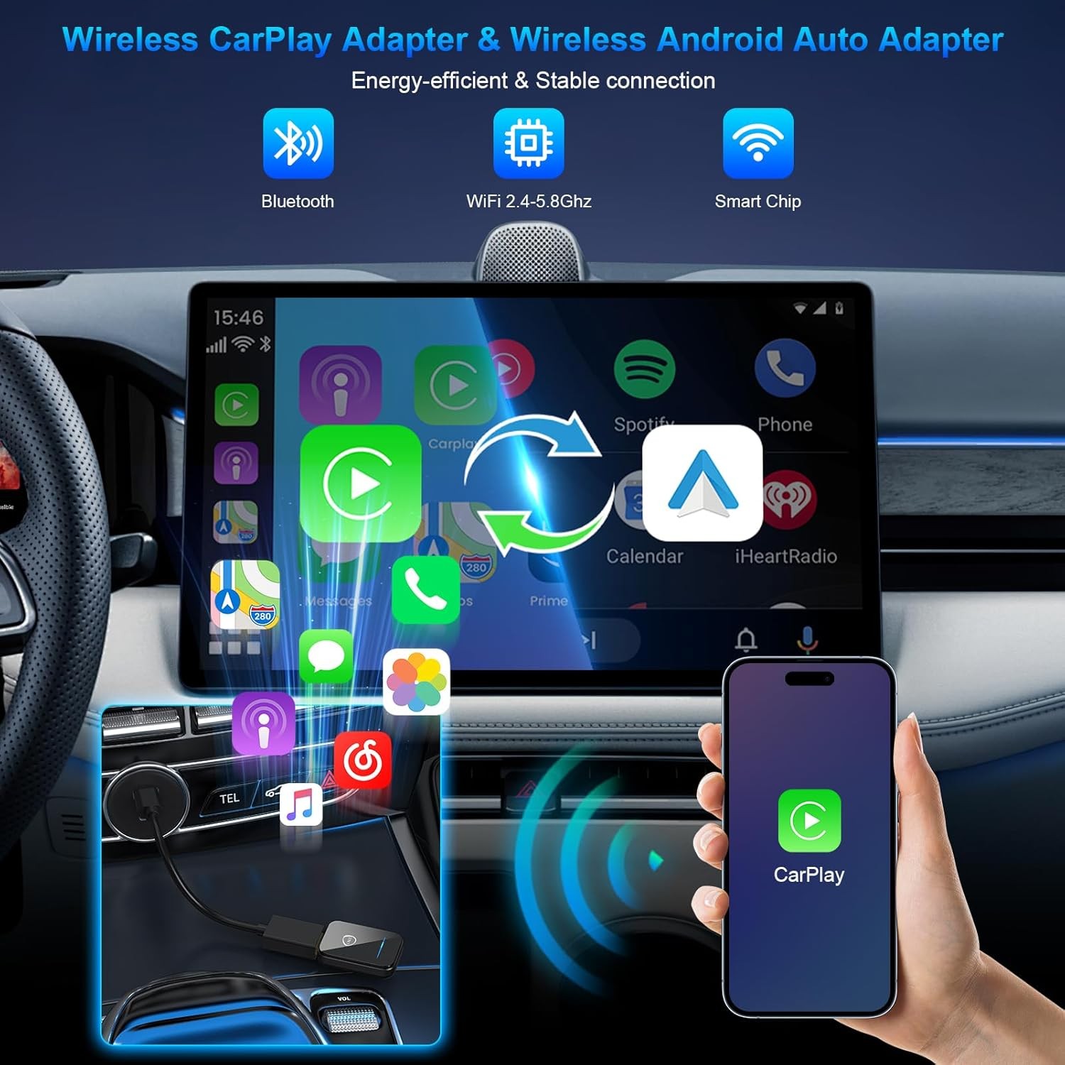 2025 Mini Carplay Wireless Adapter & Android Auto Dongle for iPhone Black