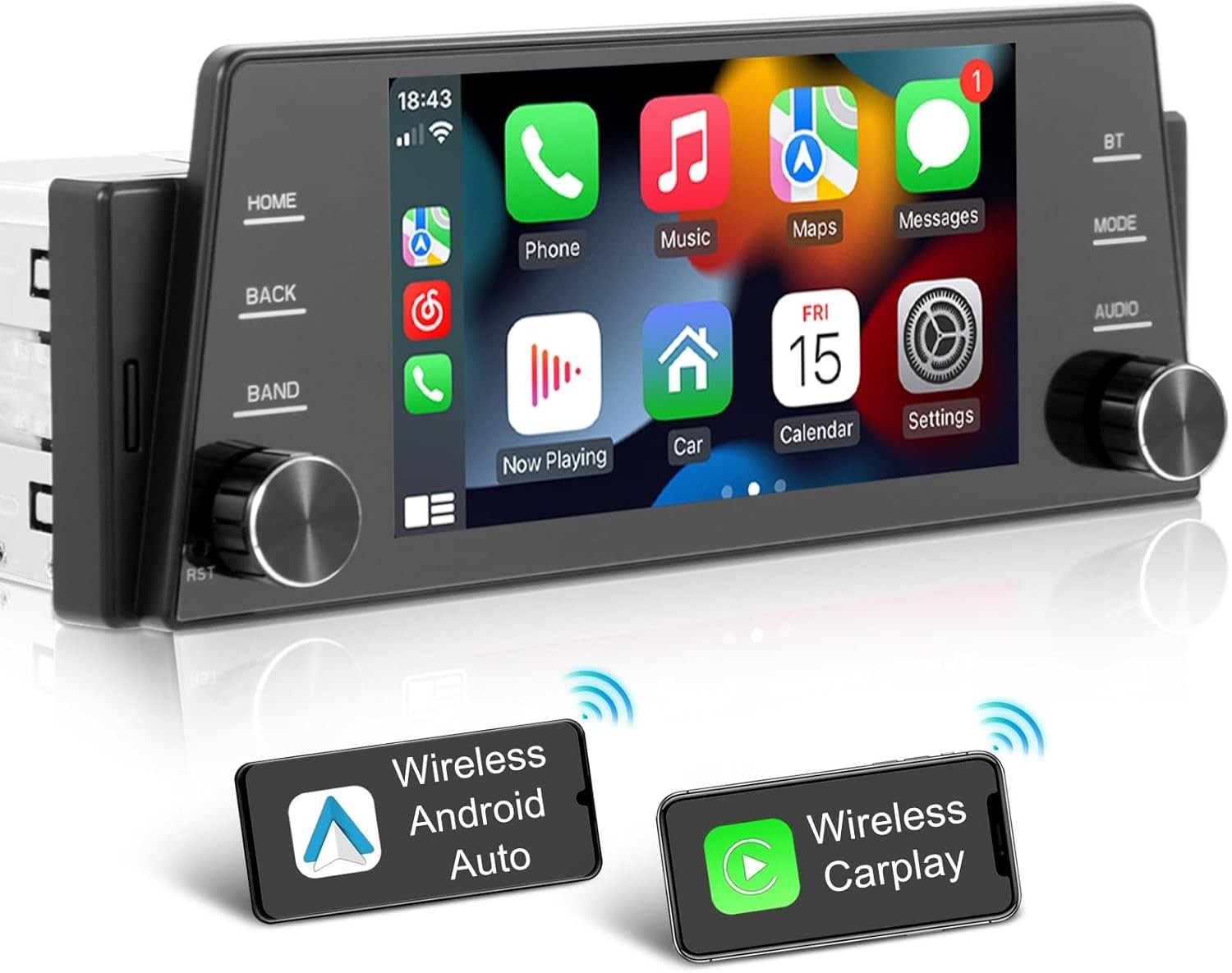 5 Inch IPS Touchscreen Single Din Car Radio with Wireless Carplay & Android Auto