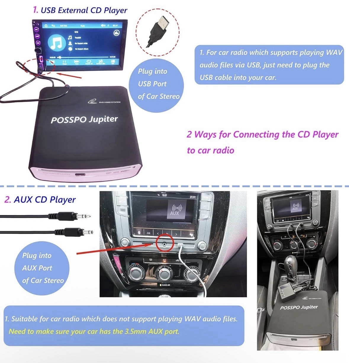 POSSPO Jupiter USB External CD/DVD Player for Car Auto Plug & Play AUX Decoder