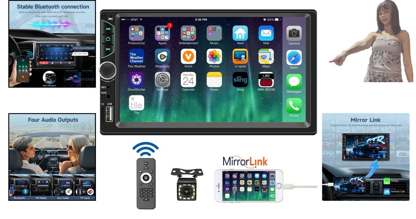 Bluetooth 5.0 Double Din 7-Inch Stereo with Rearview Camera & Multi-Colors