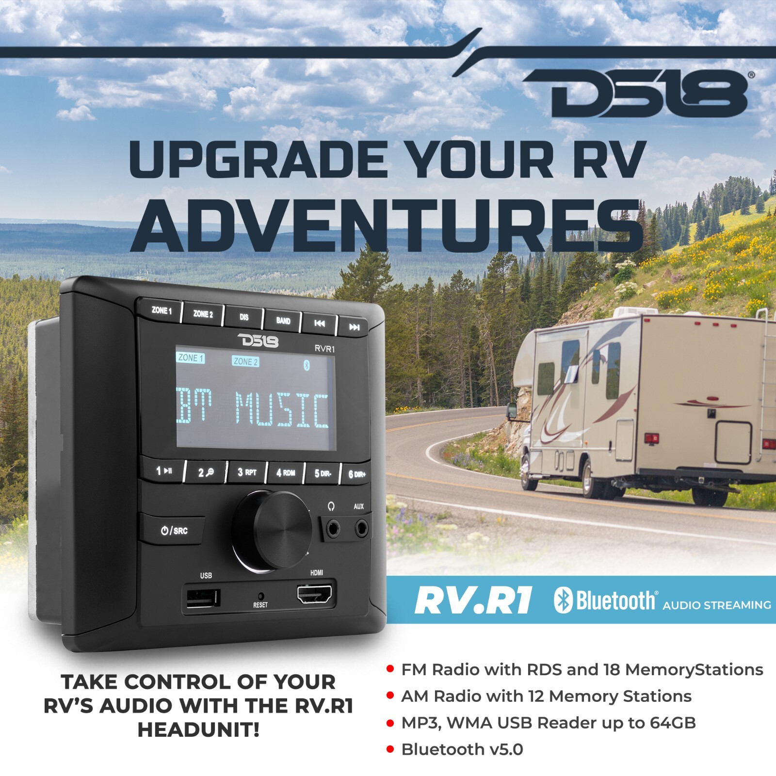 DS18 RVR1 RV Headunit LCD screen, FM/AM, BT, USB, HDMI