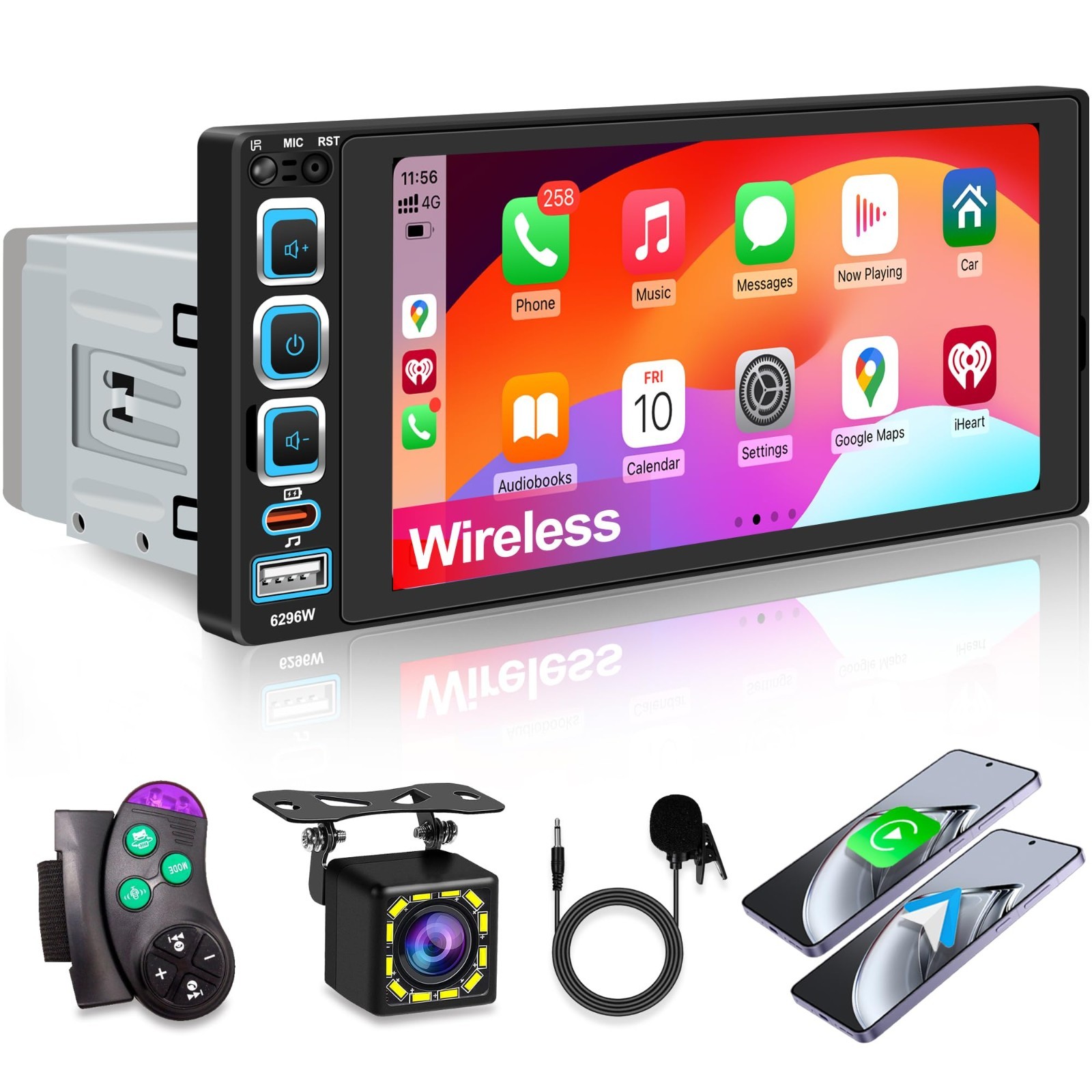6.9″ Single Din Car Stereo, Wireless Apple CarPlay, Bluetooth 5.2, Touchscreen,