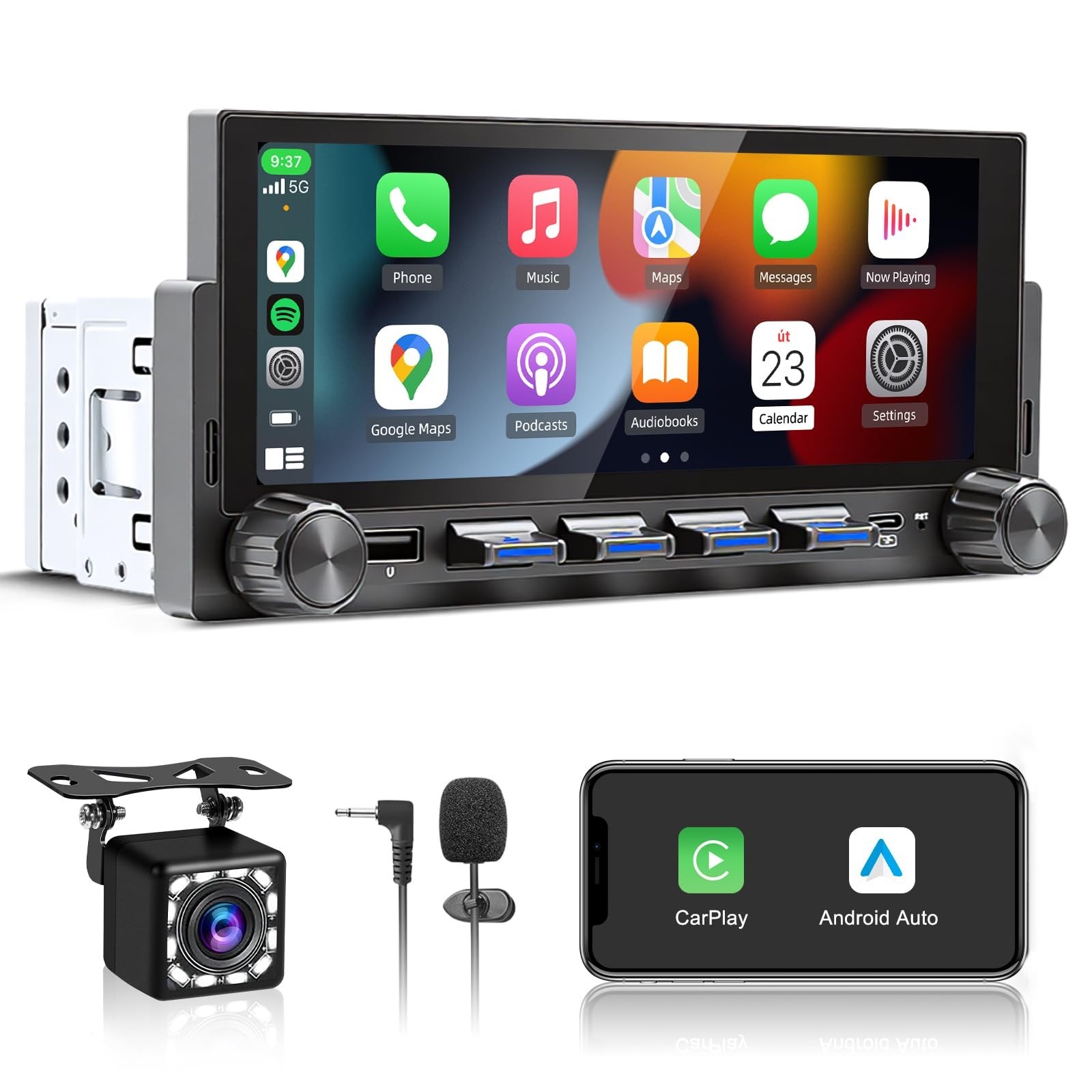 6.86″ Wireless Single Din Touchscreen Car Stereo, Apple Carplay, Android Auto, B