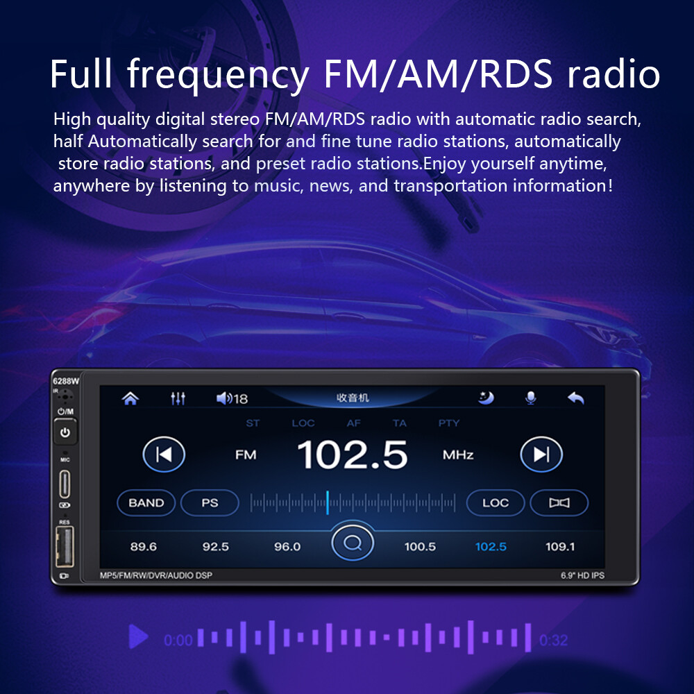 Car Radio 1 Din 6.9″ Bluetooth Wireless Carplay Android Stereo RDS Touch Screen