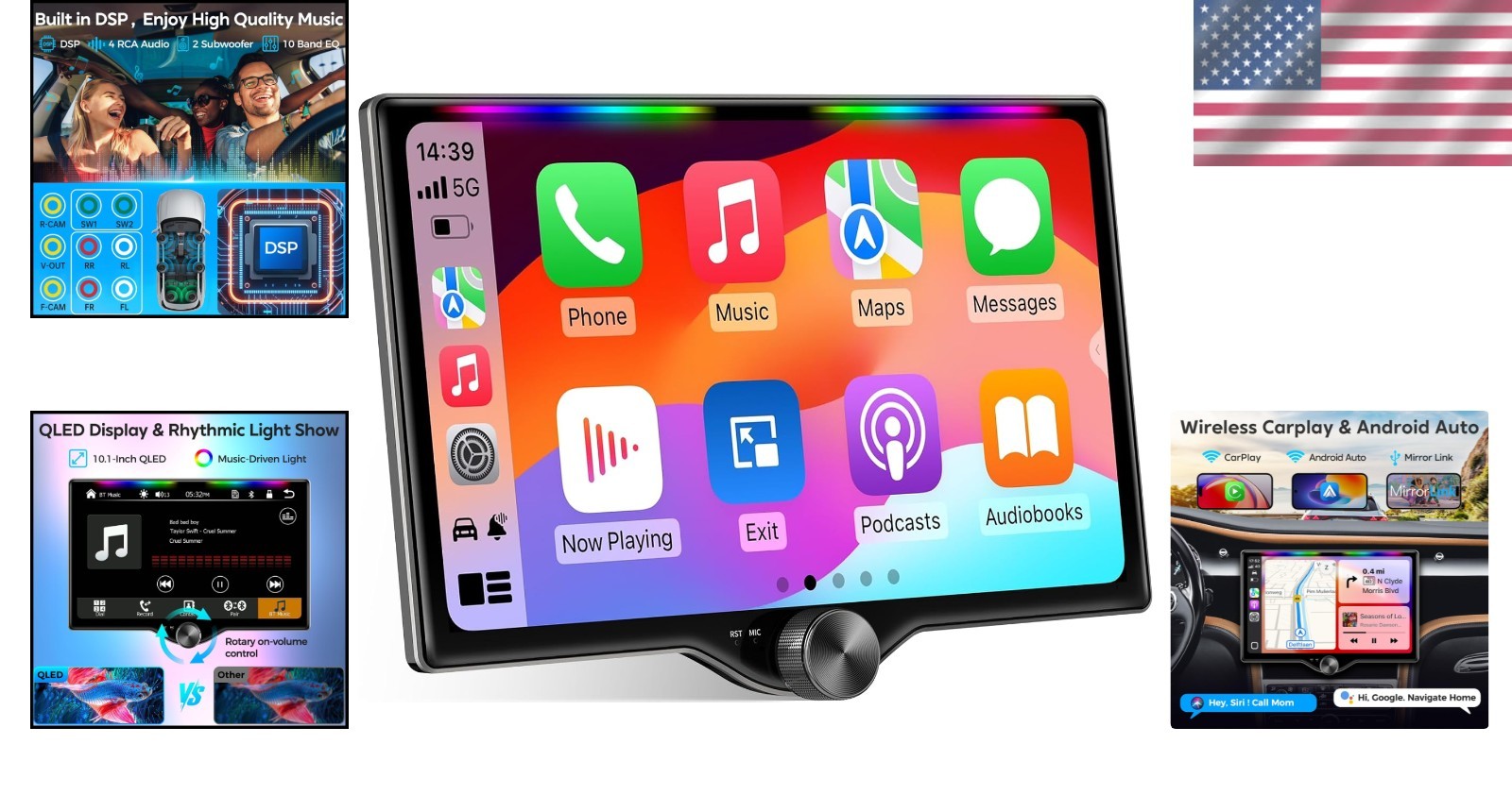 Music Sync Luminous Bar Car Stereo, Bluetooth, Backup Camera