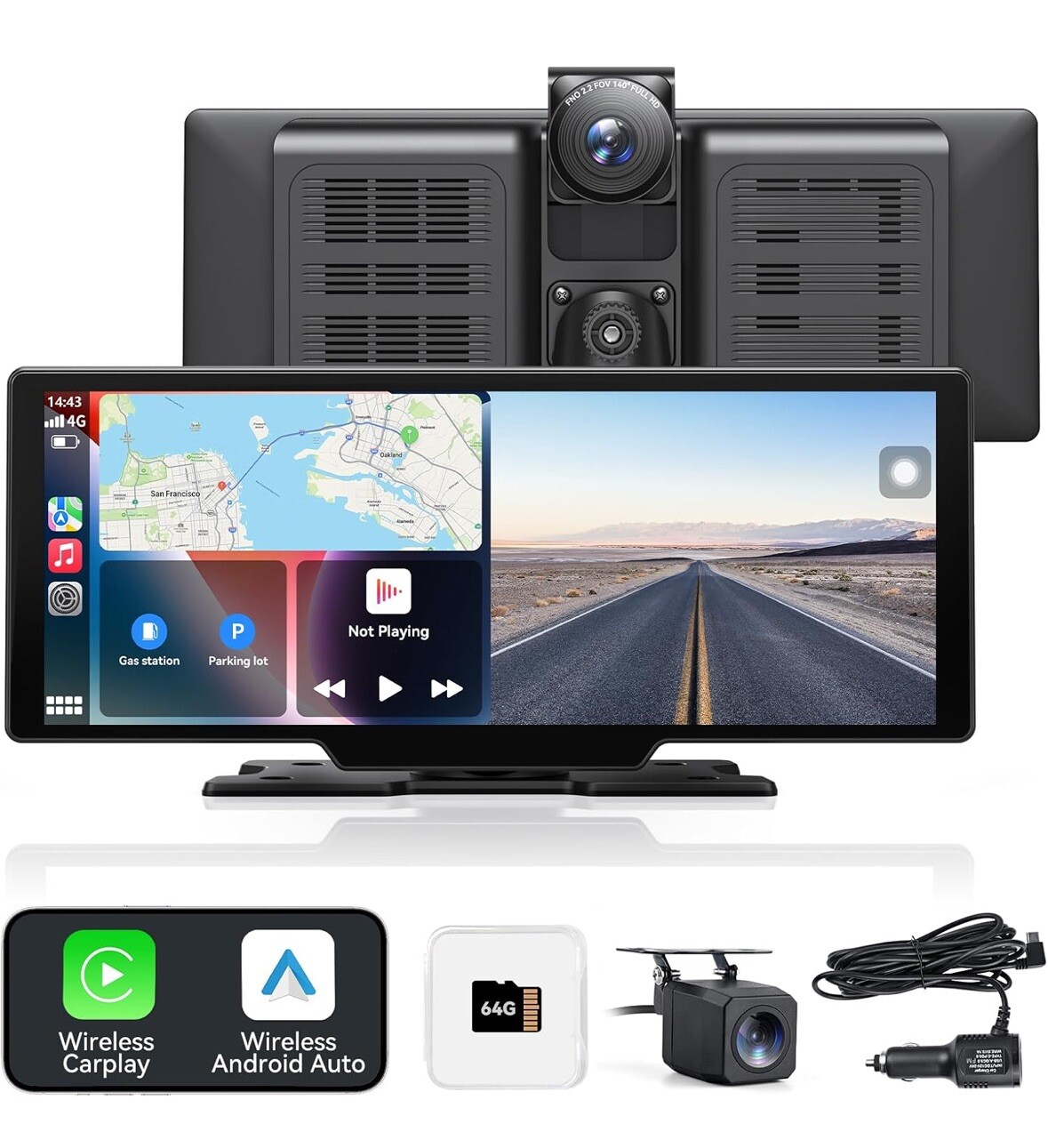 Wireless Carplay Screen, 10.26 inch IPS FHD Touchscreen, Back Up Cam Dash Cam