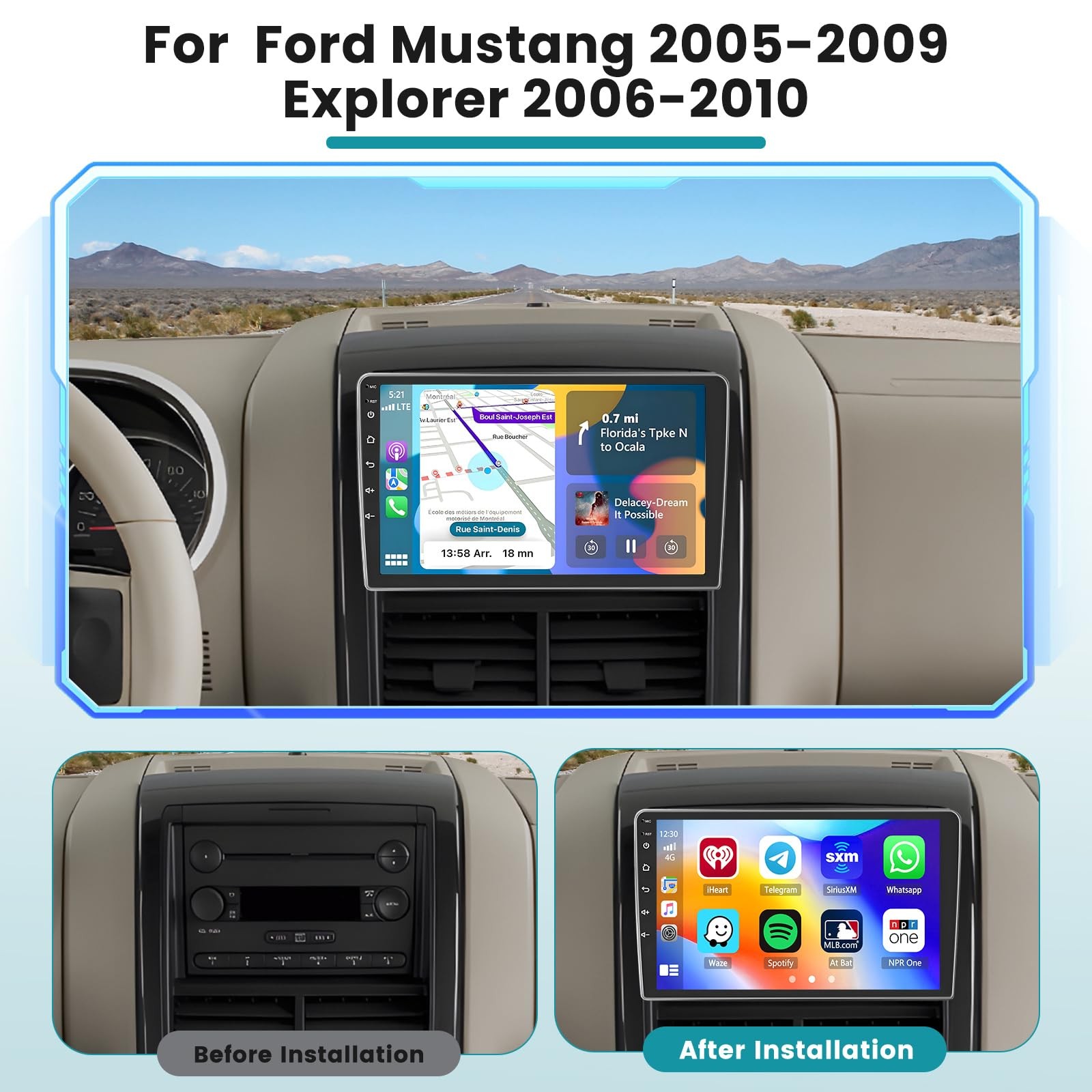 10.1 Inch Car Radio for Ford Mustang 2005-2009 & Explorer 2006-2010, Bluetooth
