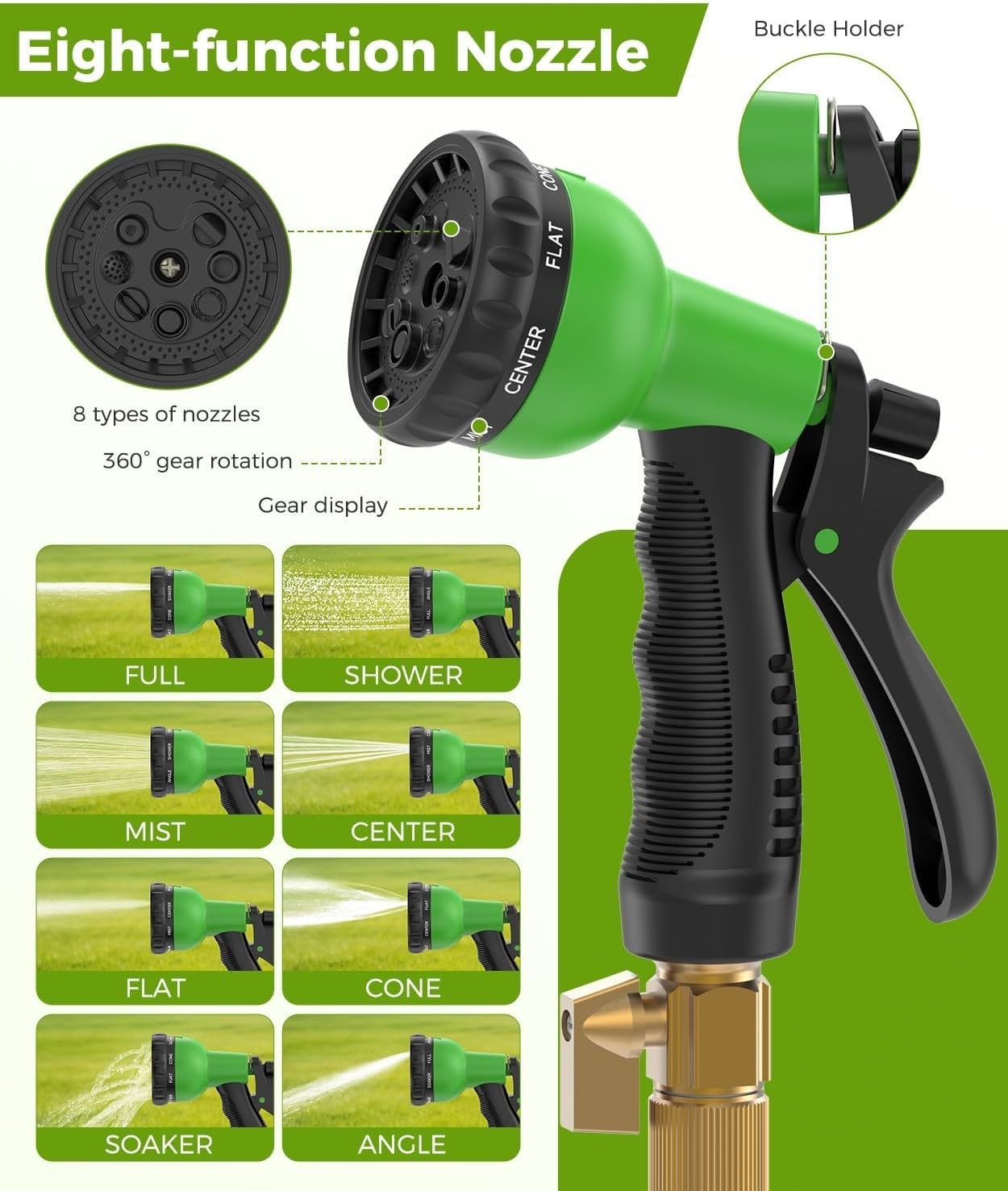100ft Garden Hose, Non-Expandable Water Hose with 8 Function Spray Nozzle, Light