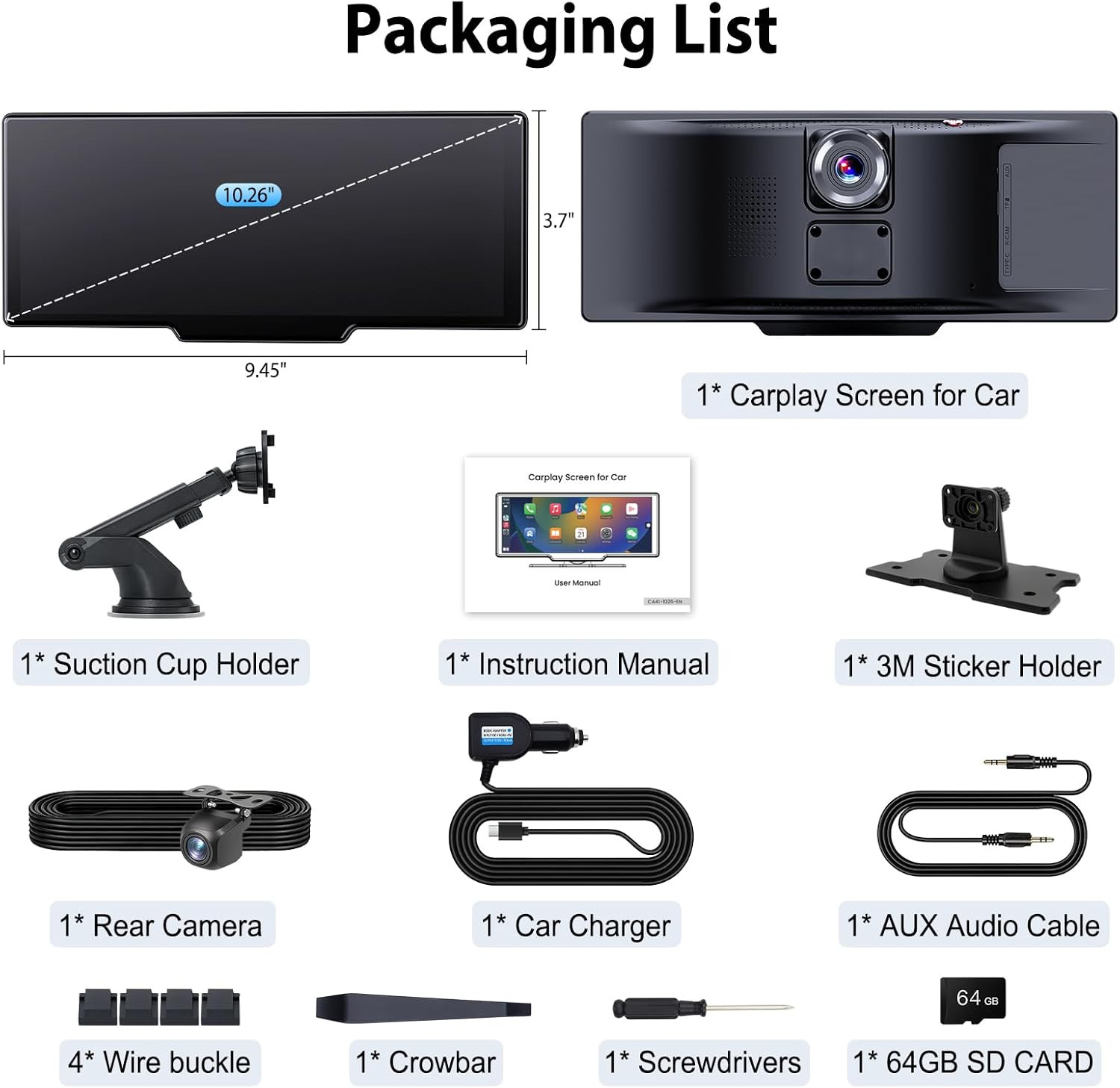 10.26″ Portable Wireless Carplay Screen for Car with 4K Dash Cam, 1080P Backup C