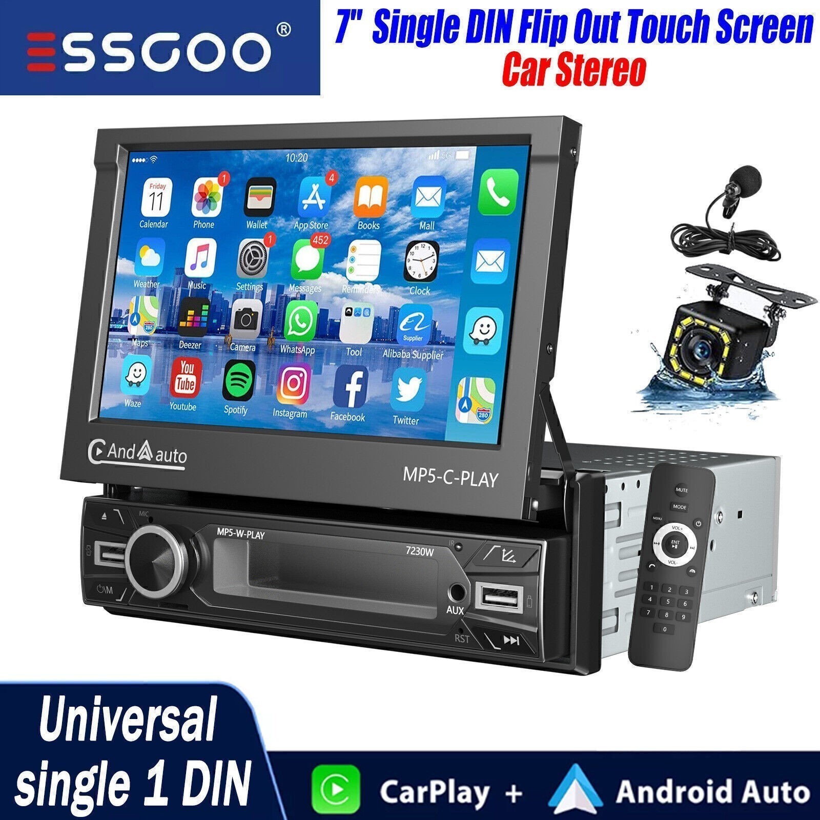 7″ Car Stereo Radio Flip Out Single DIN Touch Screen AUX Type C USB with Camera