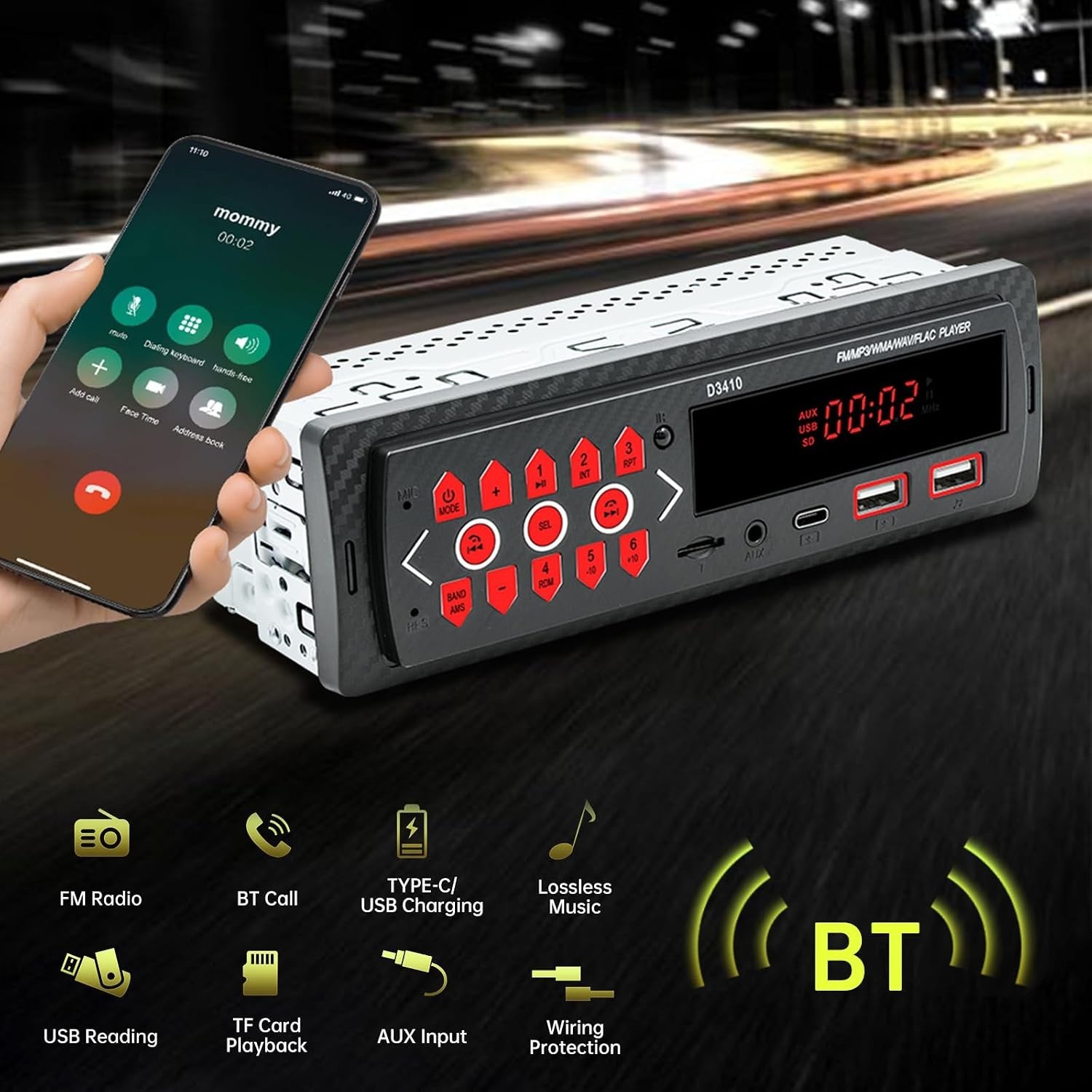 Car Audio Bluetooth Single DIN Stereo, 12V LED Car Radio MP3 Player with Hand…