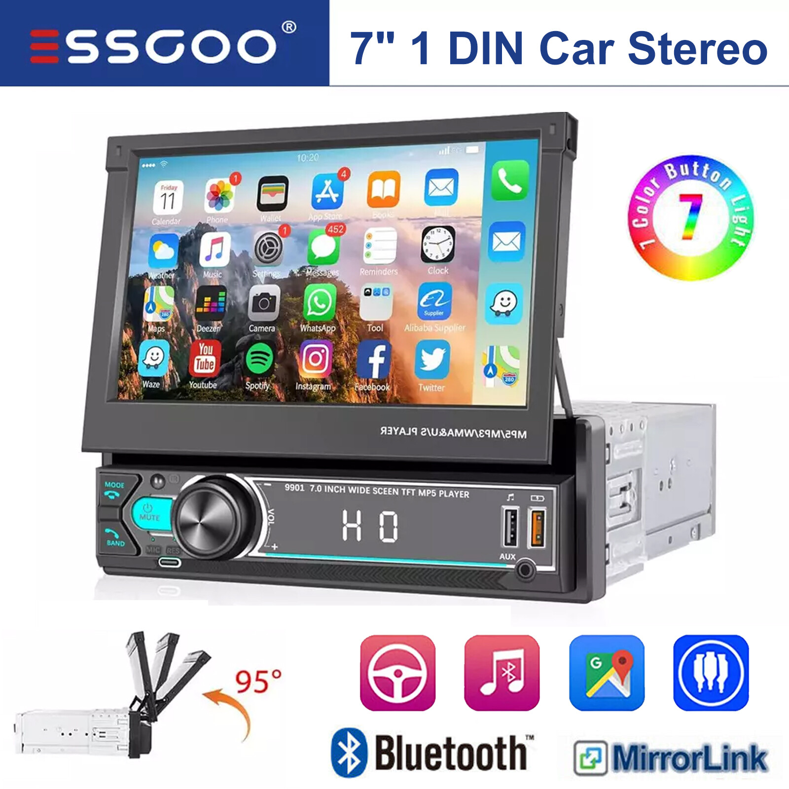 ESSGOO 7″ Car Stereo 1 DIN Radio Flip Out Touch Screen BT 2USB AUX Type-C Single