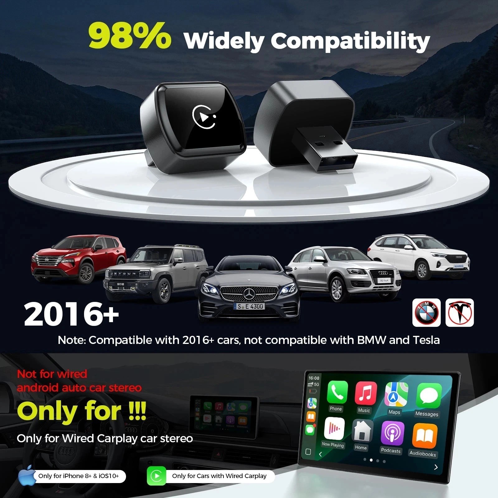 4 in 1 Mini Auto Wireless Adapter with Mirror Link Android Carplay Plug and Play