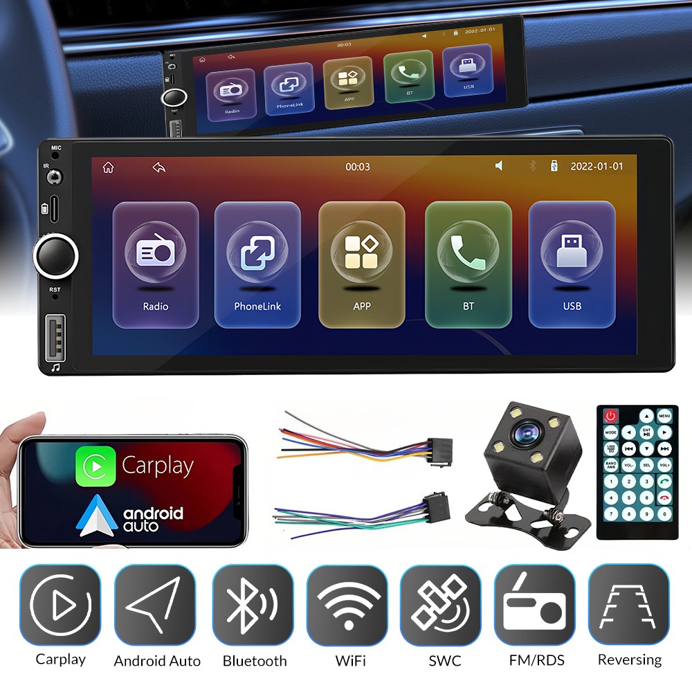 1 Din Car Stereo Wireless Apple CarPlay 6.86 touchscreen Bluetooth Radio USB