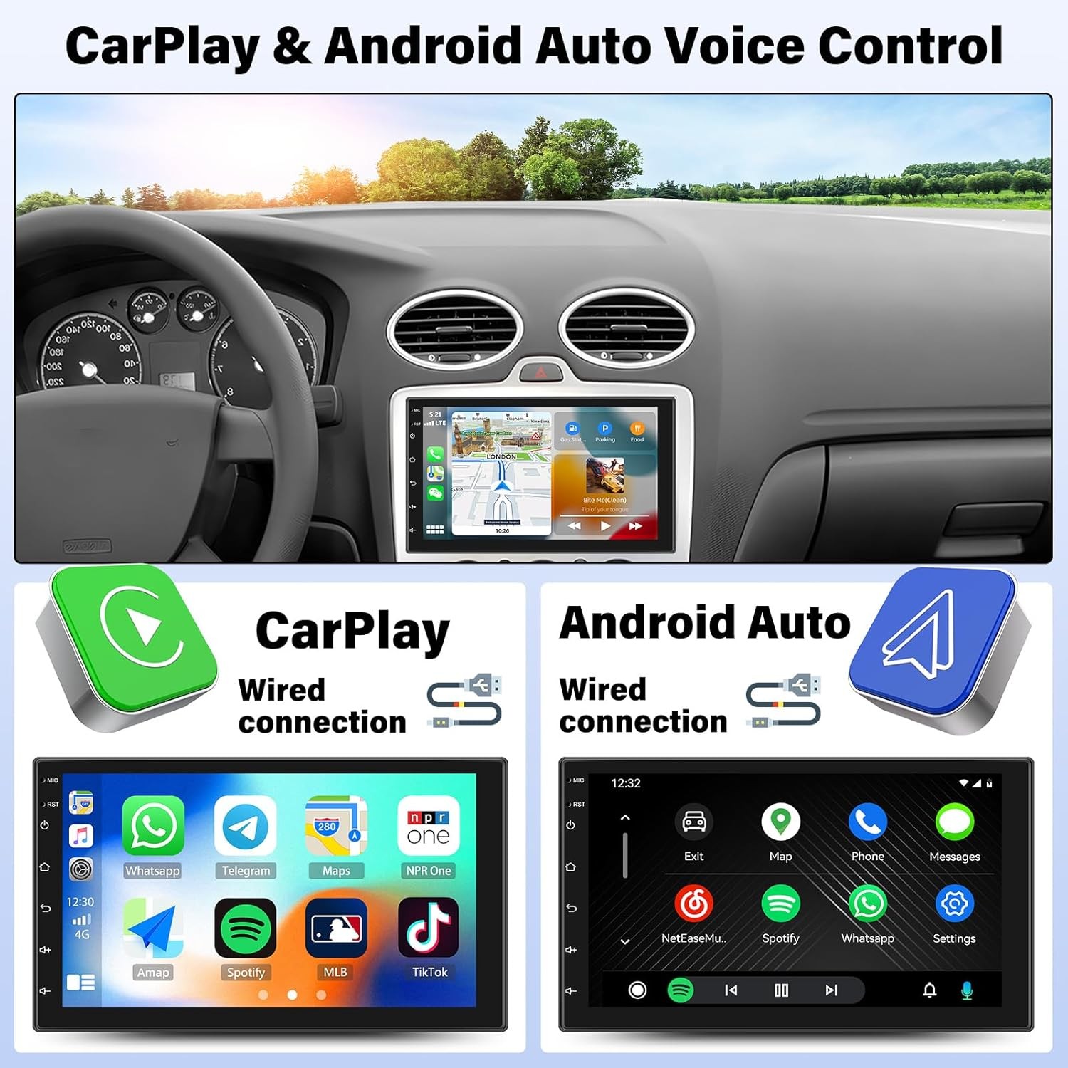 Double 2 Din Car Apple/Andriod Car Play Touch Screen Stereo Bluetooth Radio SWC