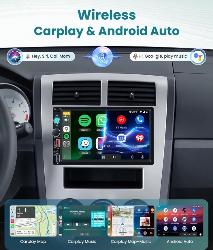 Double Din Car Stereo with Wireless Carplay & Android , 7 Inch HD Touch back up