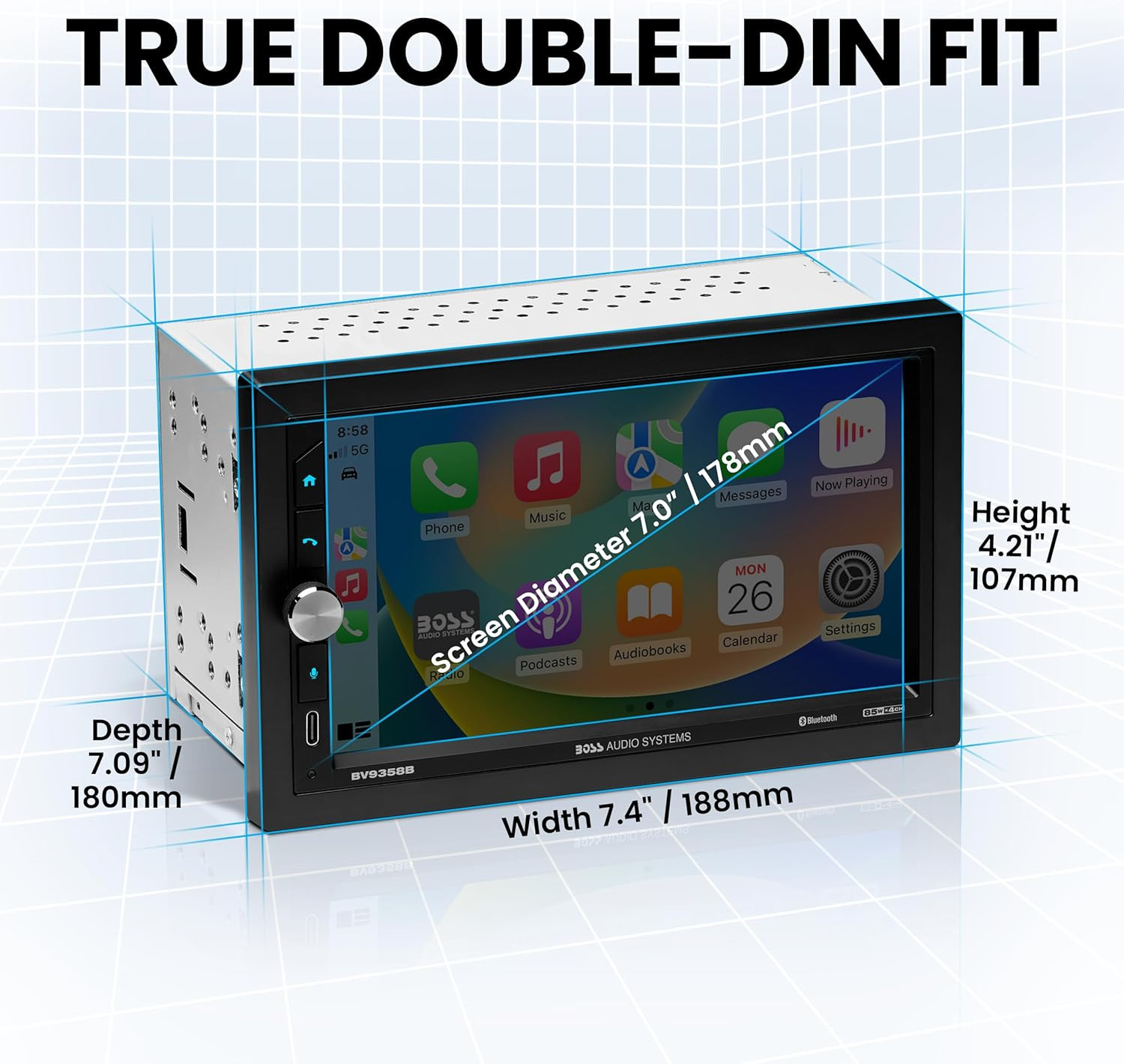 BV9358B Car Stereo – Wireless Carplay Android Auto, Double Din, 7 Inch Touchscre