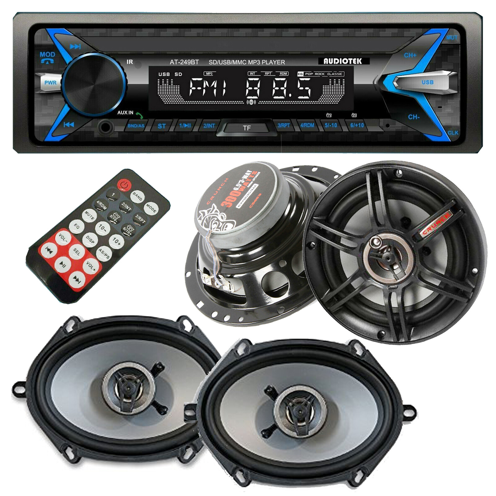 Audiotek AT-249BT Digital Receiver Bluetooth + 4x Crunch 6.5″ 6″x8″ Speakers