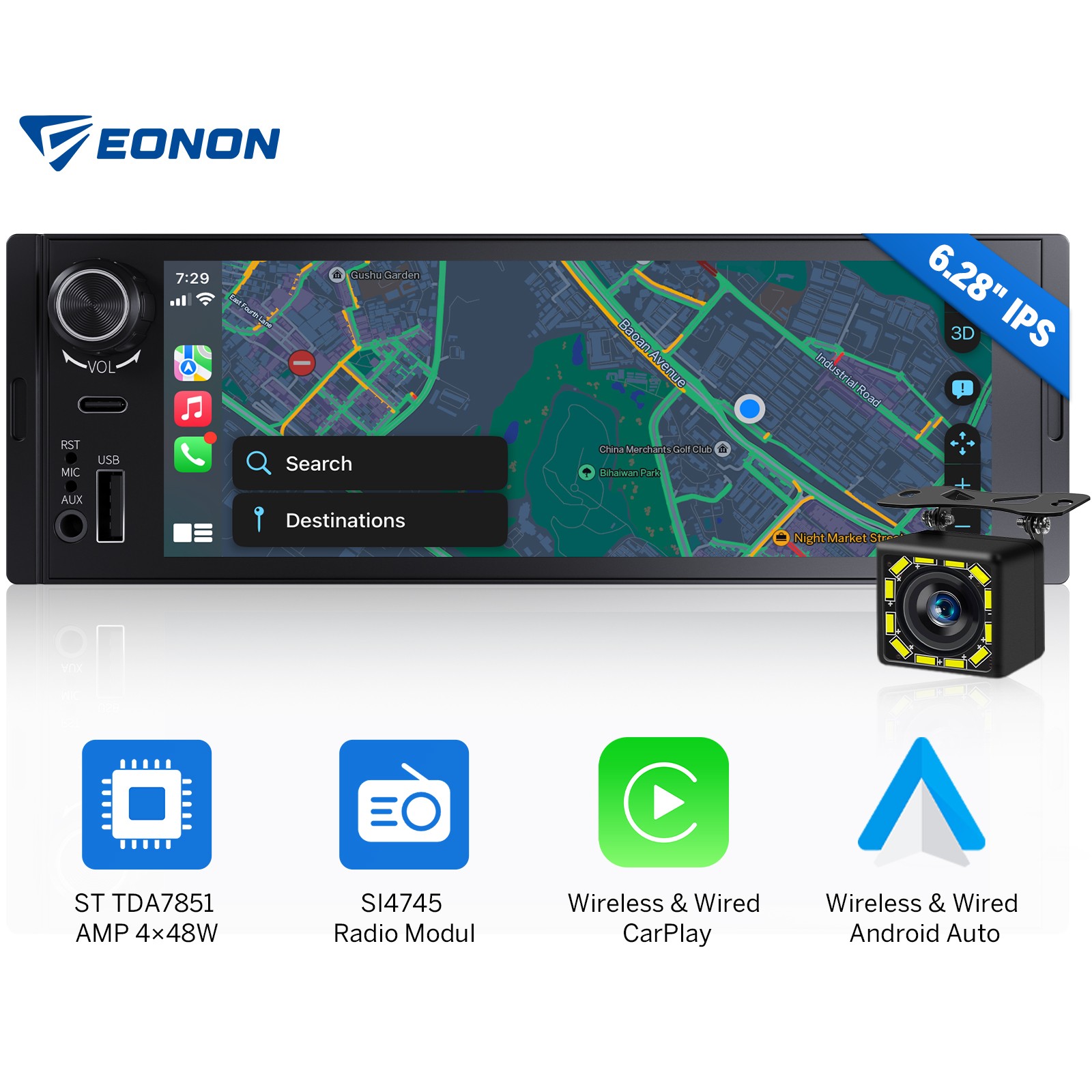 Single DIN Wireless CarPlay Android Auto 6.28″ Car Stereo AM/FM Bluetooth Camera