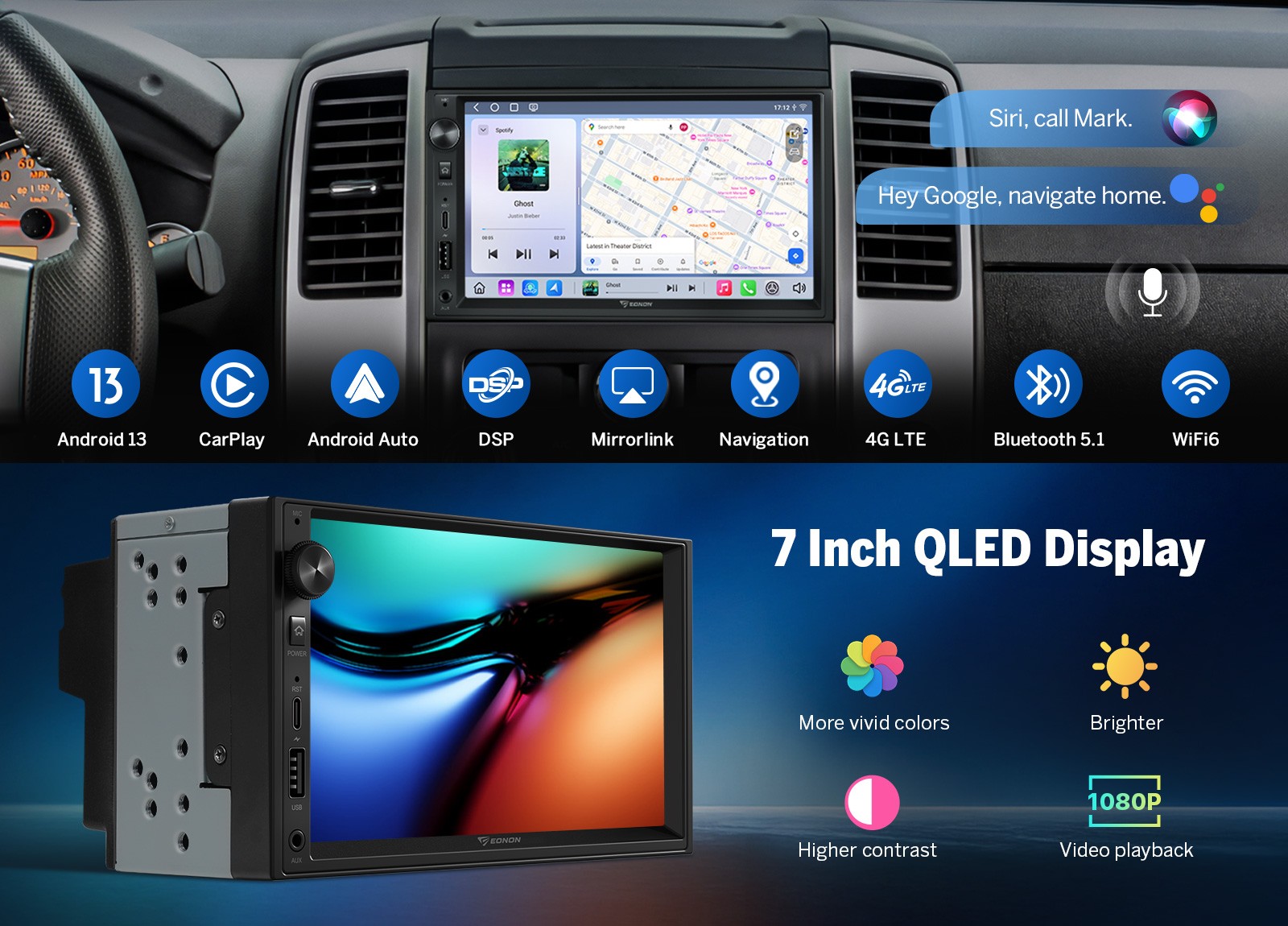 7″ QLED 6+64GB Android Auto Car Stereo Head Unit Apple CarPlay GPS Sat Nav 2 DIN