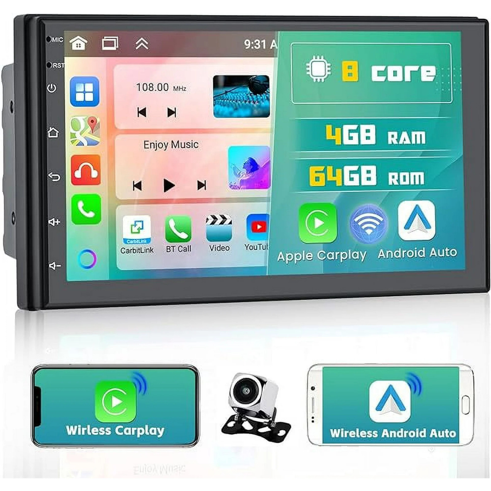 Podofo 7-Inch Double Din Bluetooth Car Stereo With Wireless Apple Carplay