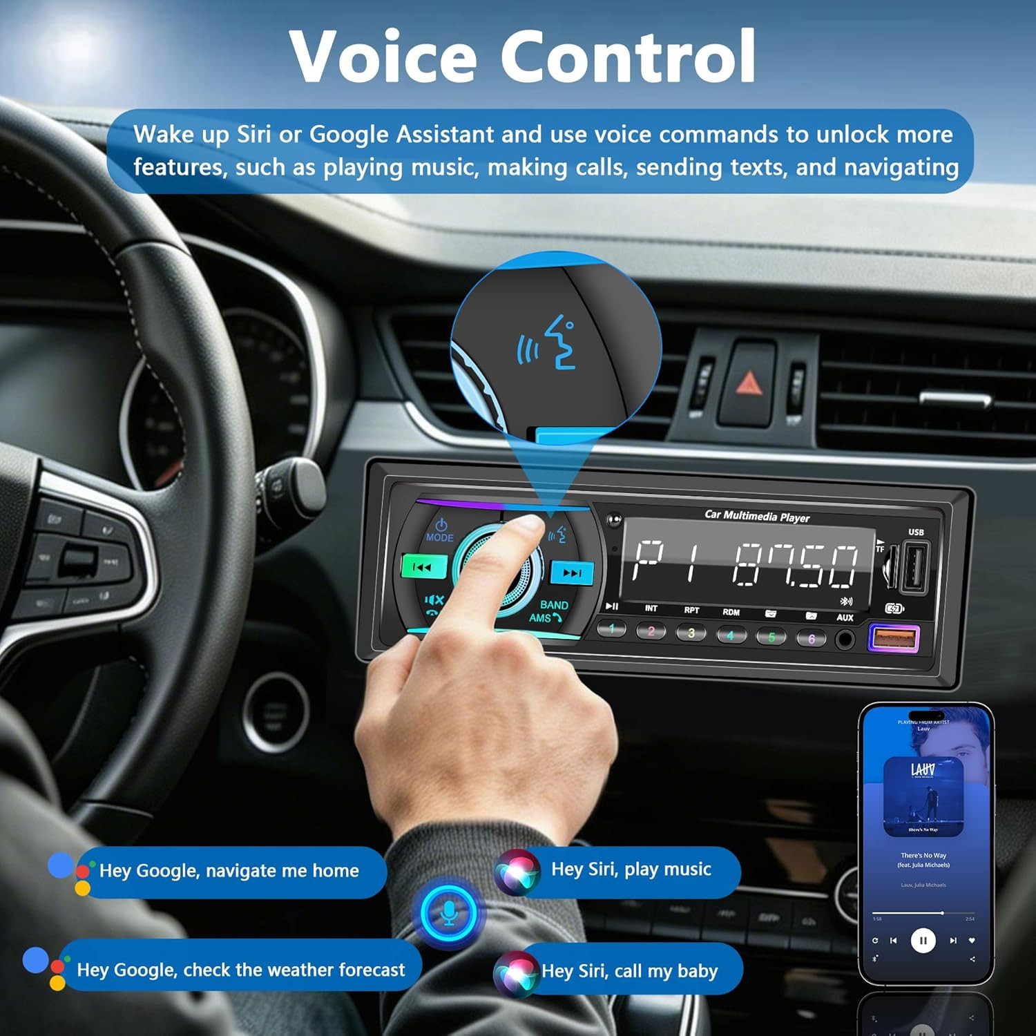 Car Stereo Bluetooth Single Din Radio, Car Audio with Push to Talk Assistant, Ha