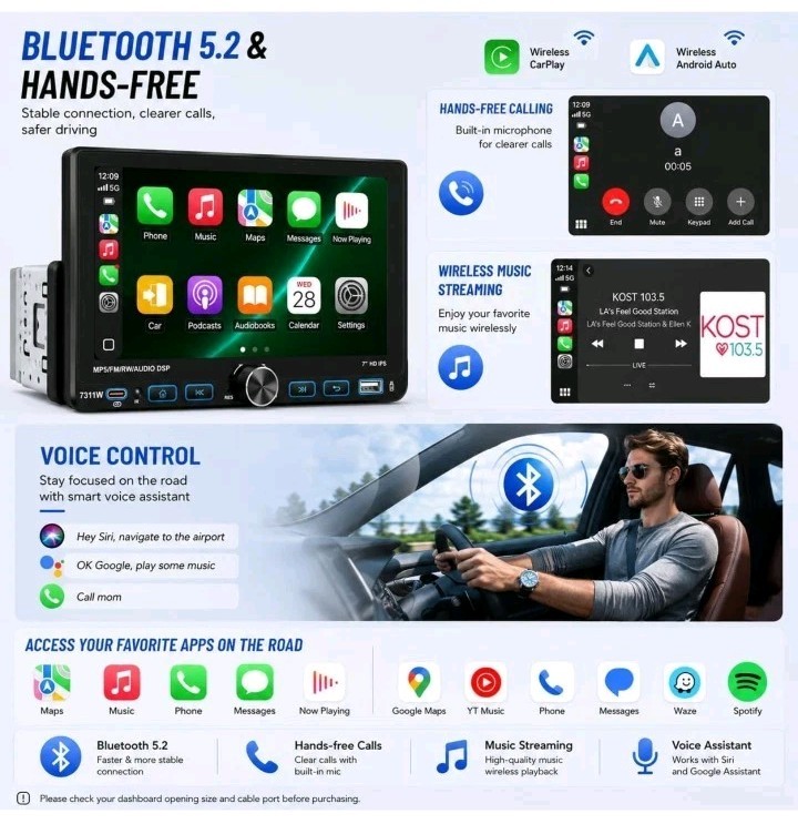 7″ Single 1Din Car Stereo Radio USB BT Wireless Android auto Carplay BT + Camera